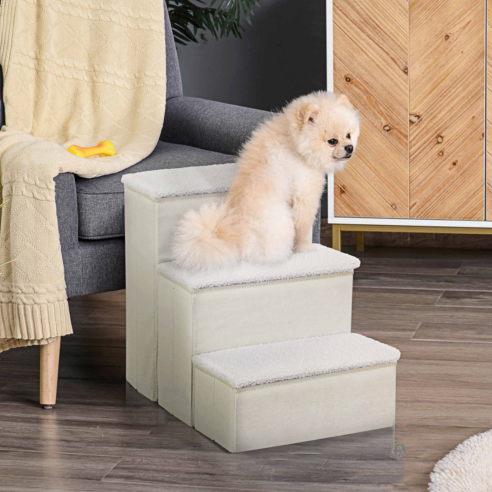 Image of Dog Stairs 3 Steps 48 Cm Stairs For Small And Old Animals Foldable Cat Stairs Dog Ramp Entry Aid For Bed, Sofa, Couch And Car Black