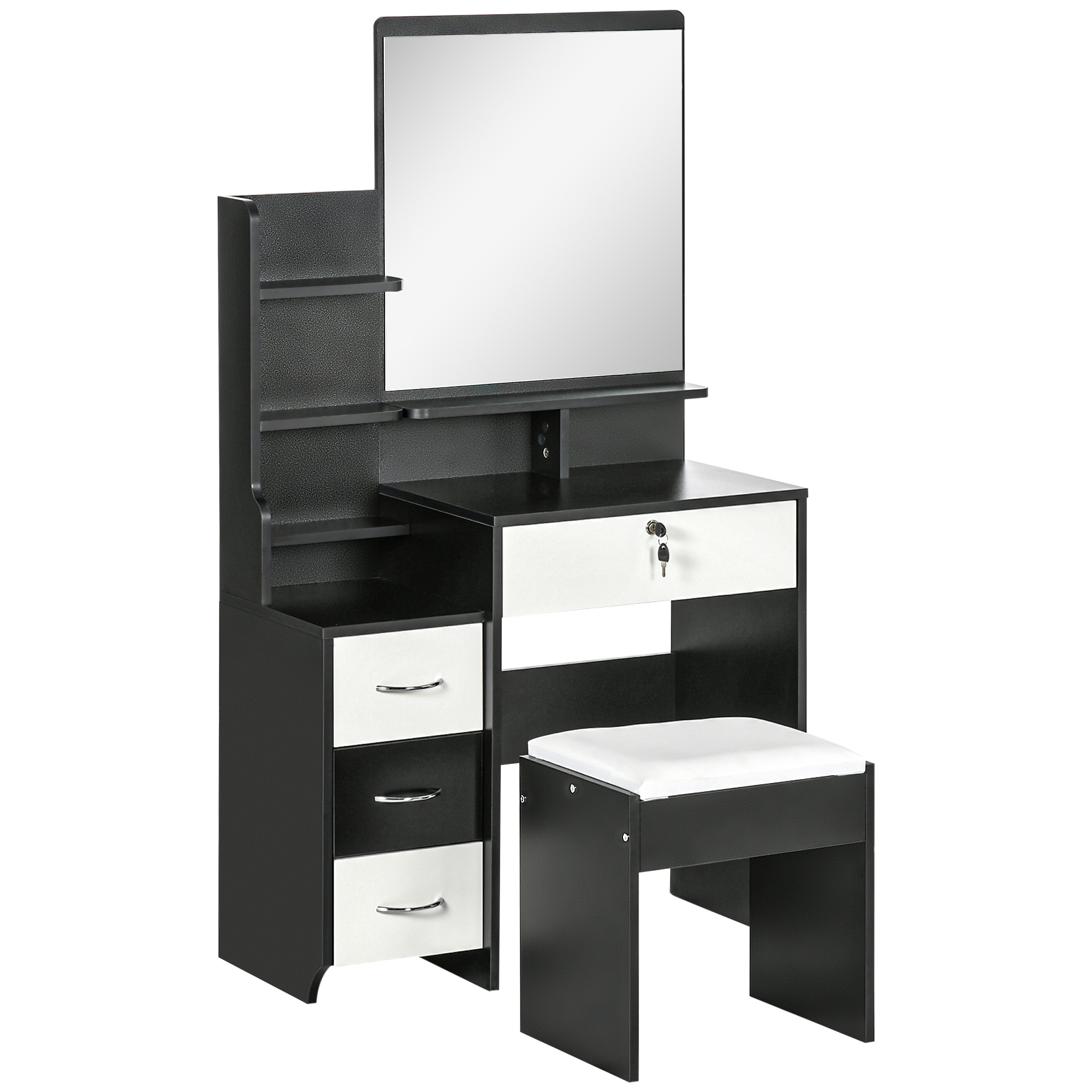 Homcom Vanity Set Makeup Table With Padded Stool Large Mirror + Open Shelves + 4 Drawers Black White