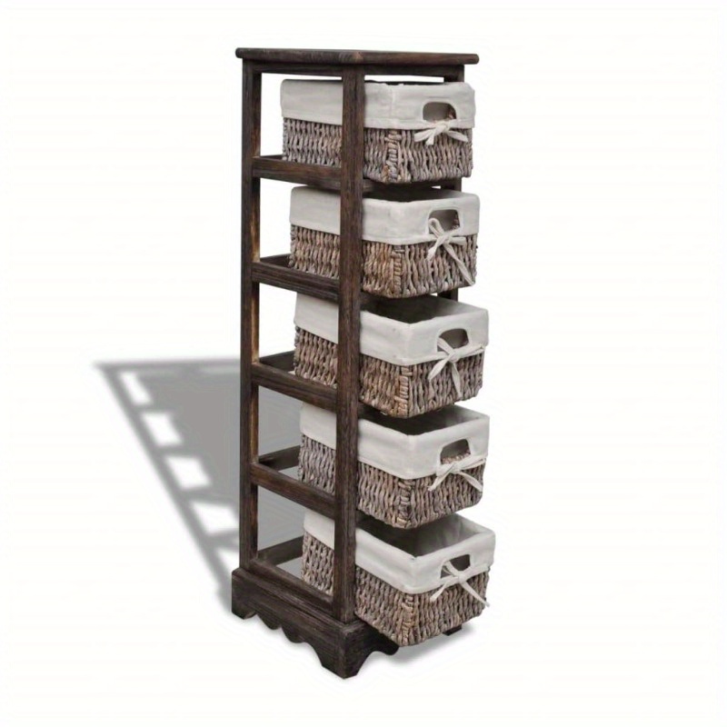 

Wooden Frame With 5 Braided Brown Baskets, Storage Baskets