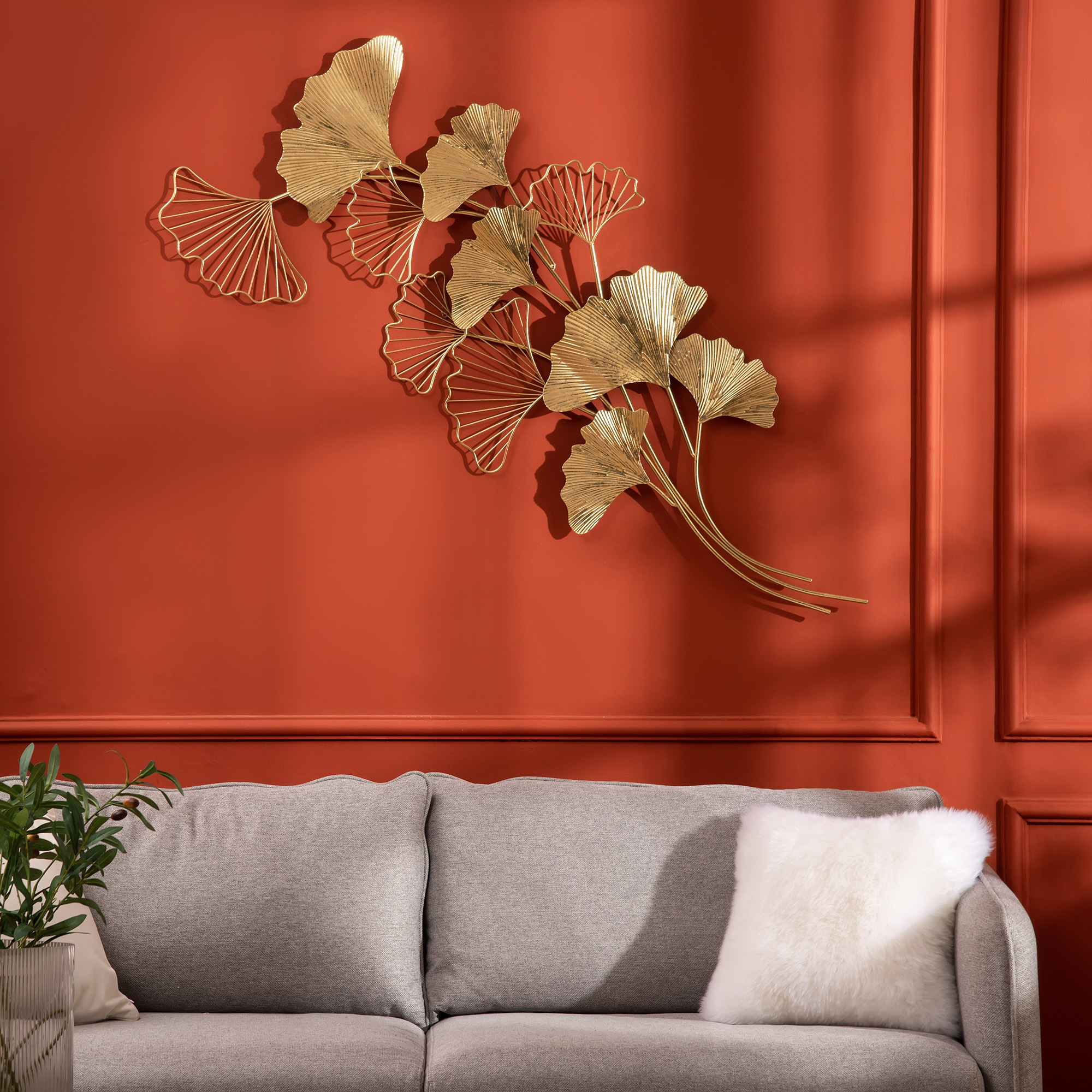 Homcom 3d Metal Wall Decoration, Golden Wall Art With Ginkgo Leaves, 138x70cm