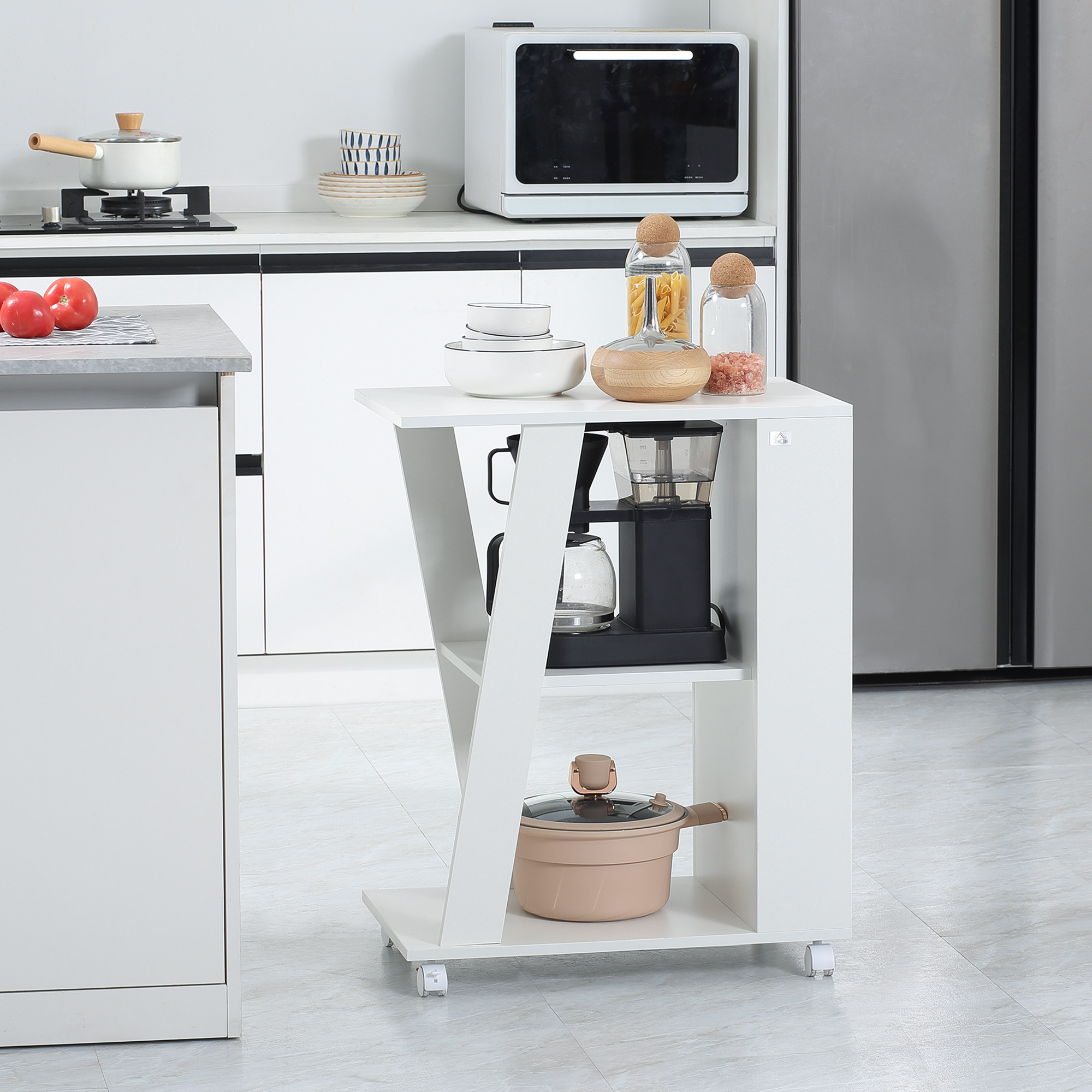 Homcom Kitchen Cart In Wood With 2 Open Shelves, Food Trolley With Lockable Wheels, 60x38x77cm, White