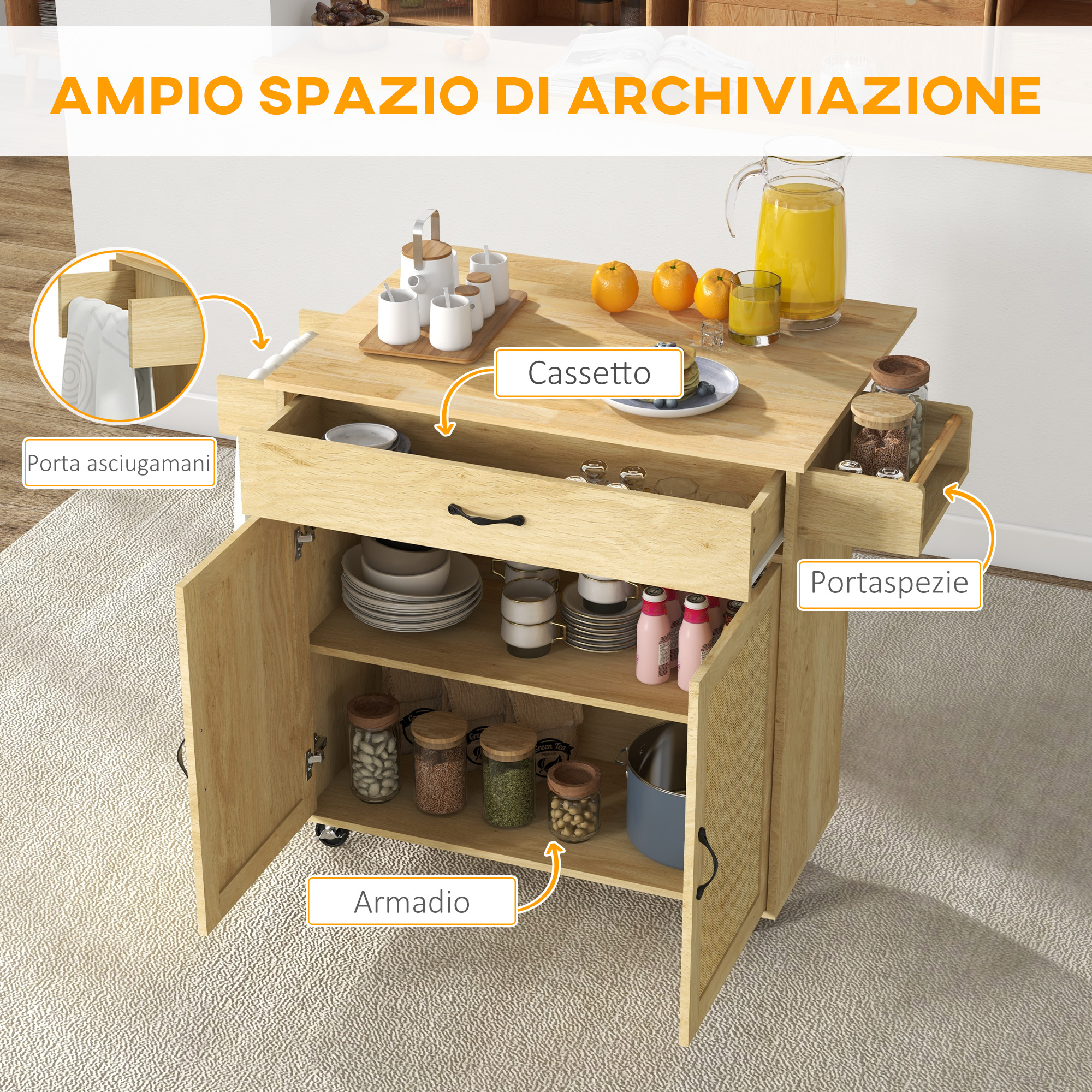 da cucina con piano pieghevole,   da cucina stile boho con  , armadietto e portaspezie in legno e rattan dettagli 4