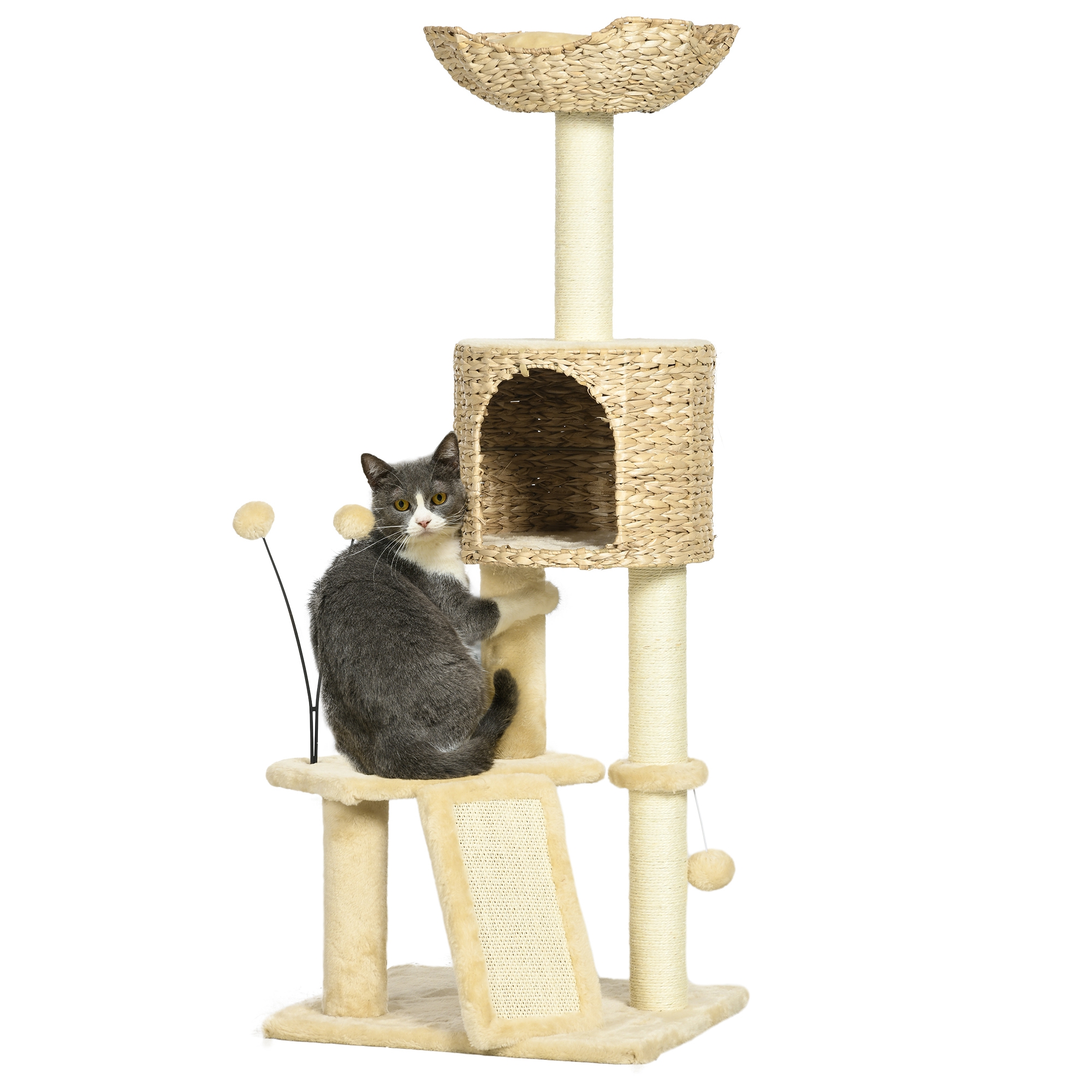 TEMU PawHut Arbre à chat avec griffoir, arbre à pour chat, hauteur 116 cm, , panier, plateformes, pompons, pour chat, en peluche et d'eau, beige