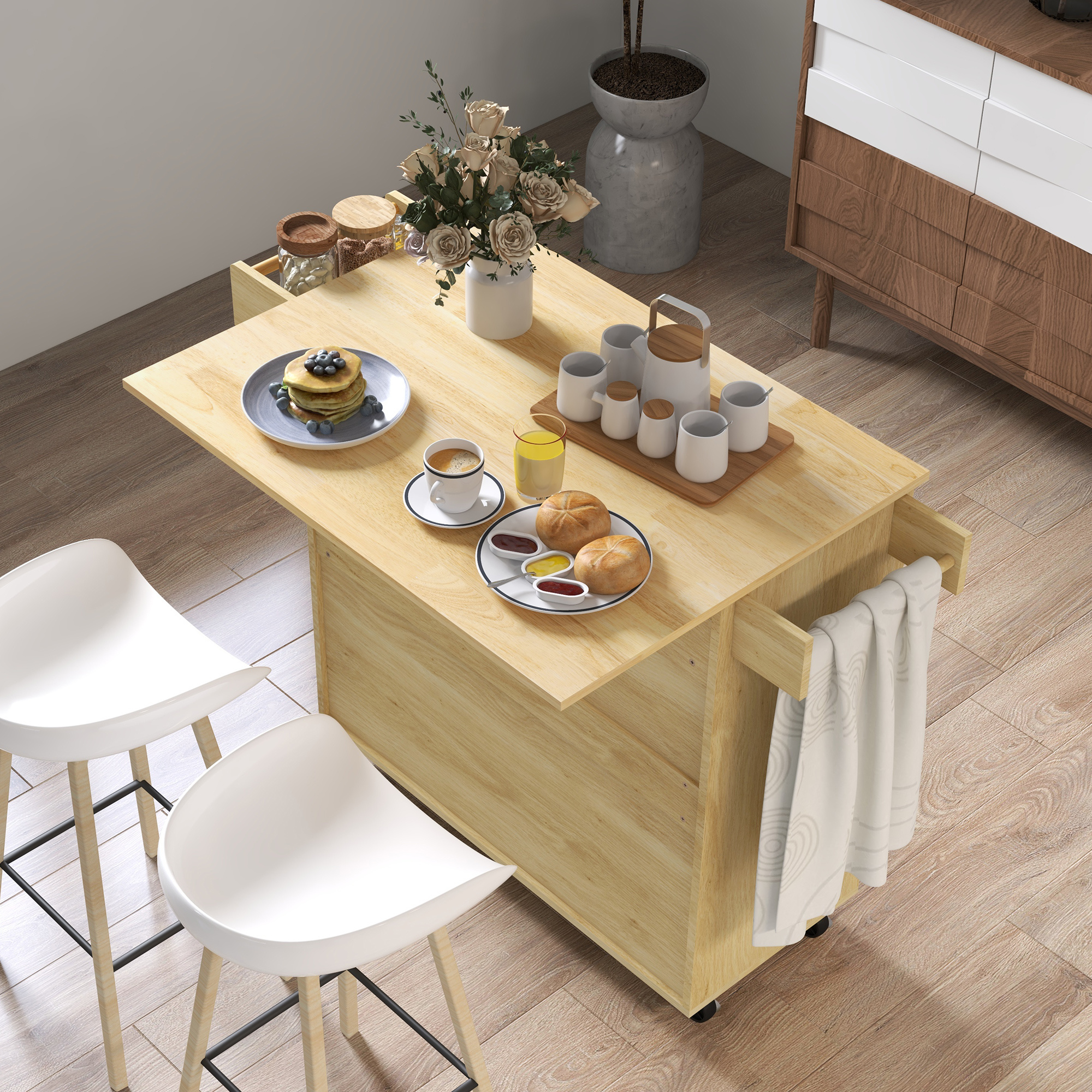 da cucina con piano pieghevole,   da cucina stile boho con  , armadietto e portaspezie in legno e rattan dettagli 0