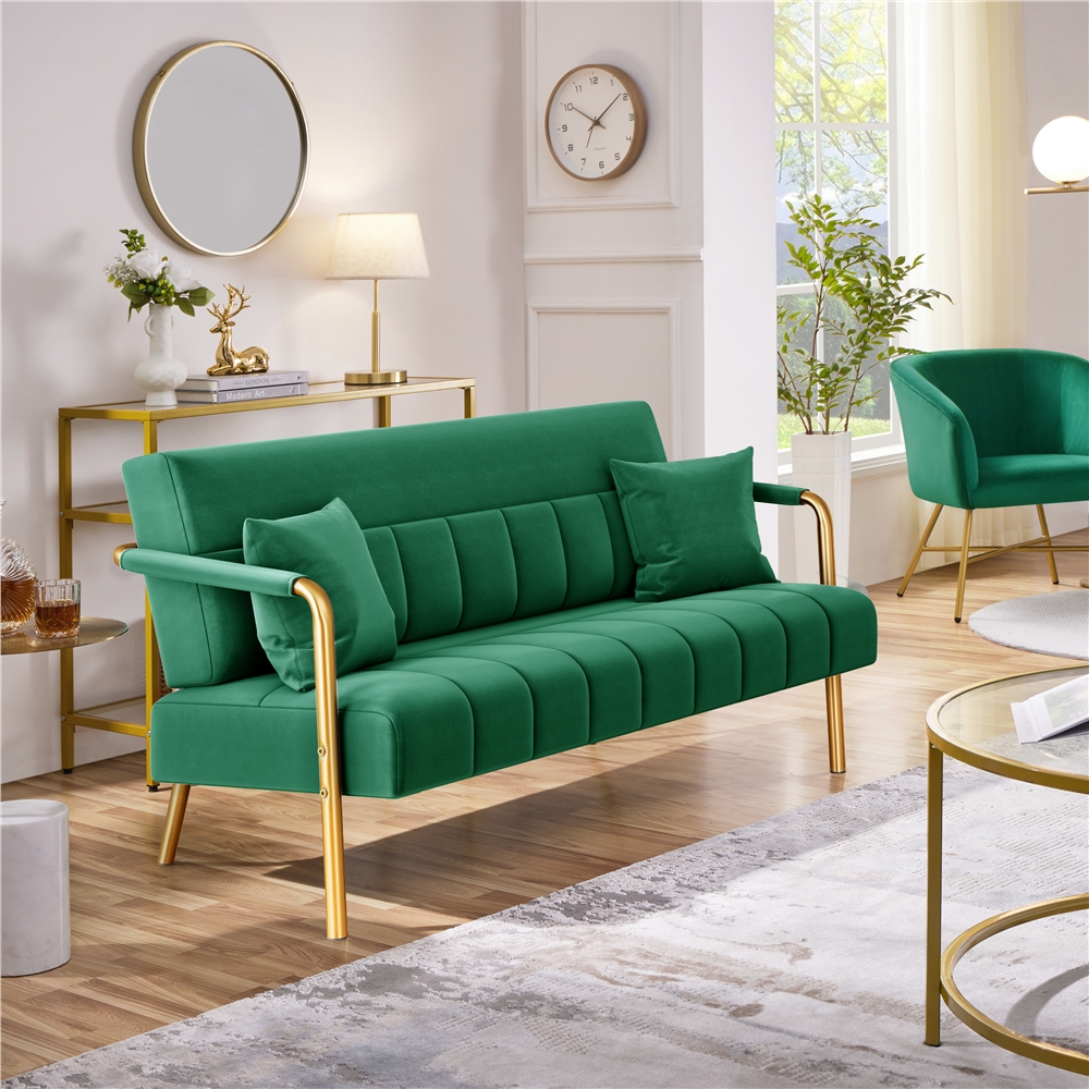   sofa couch modern velvet sofa couch 143cm small loveseat with gold tone   legs upholstered design   2 pillows ideal for bedroom home office studio small spaces light   beige  