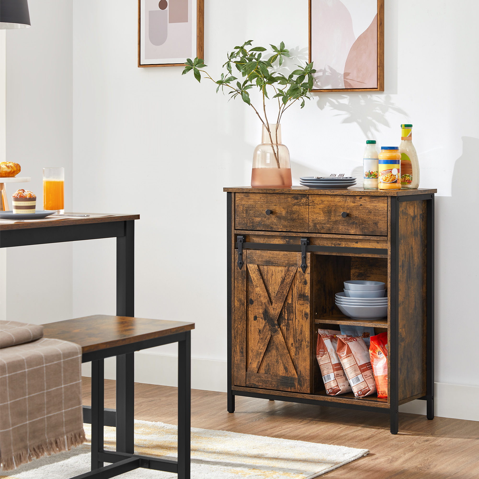 TEMU Vasagle Lsc100b01 - Freestanding Floor Cabinet With 1 Drawer And Sliding Barn Door, Industrial