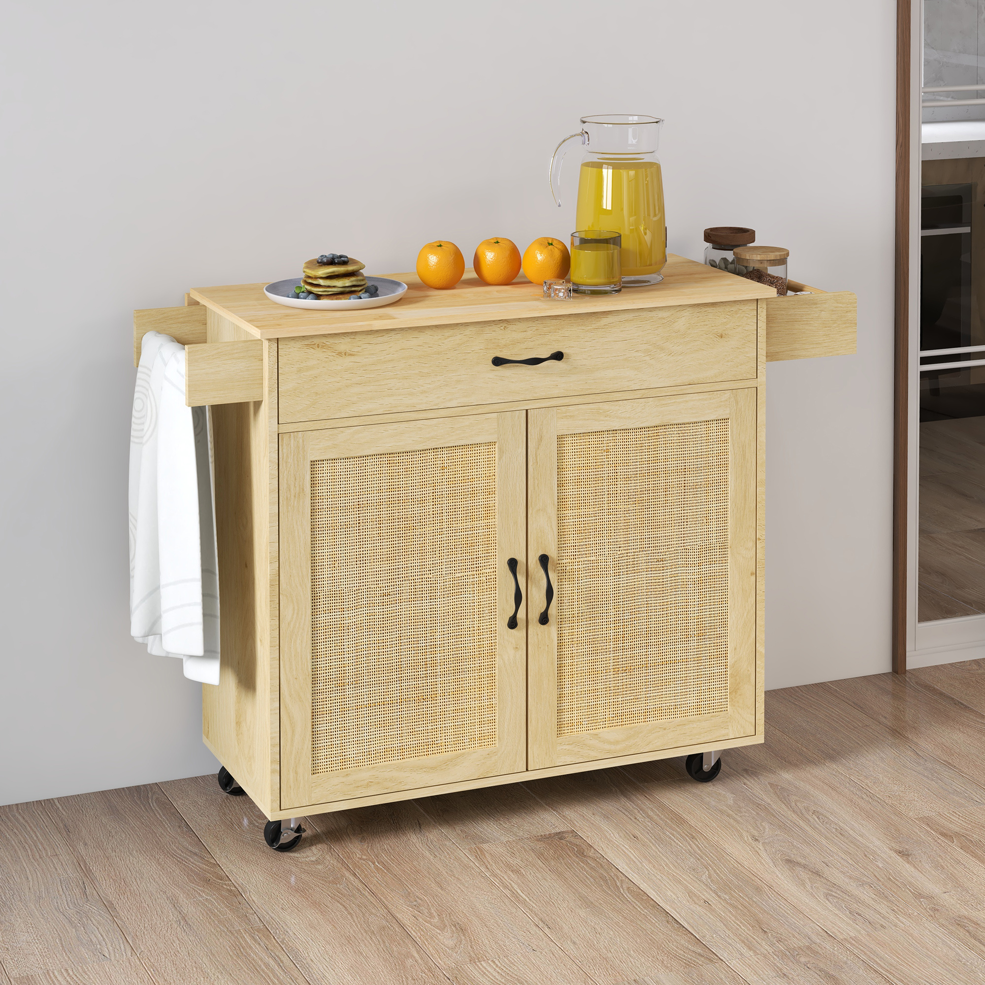 da cucina con piano pieghevole,   da cucina stile boho con  , armadietto e portaspezie in legno e rattan dettagli 7