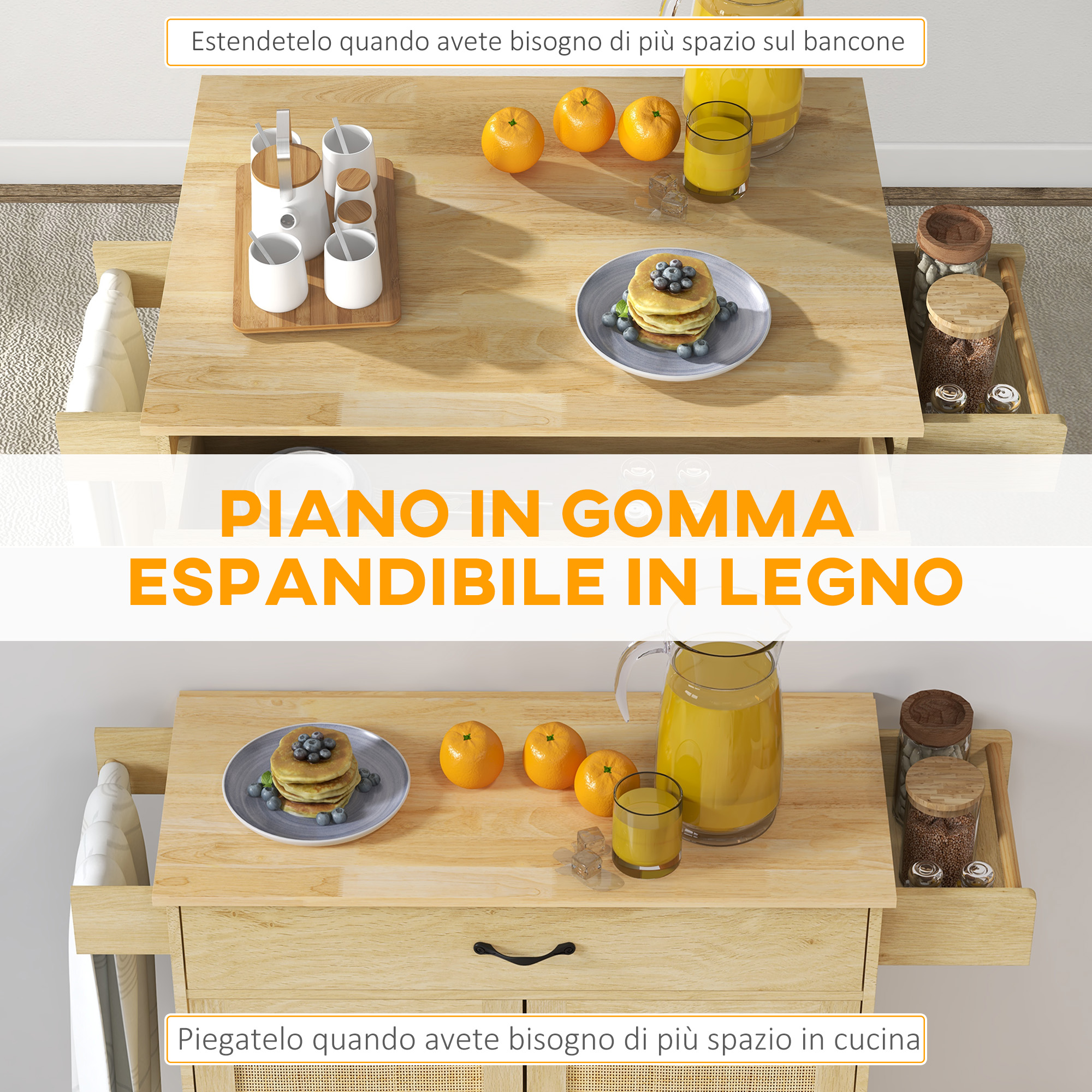 da cucina con piano pieghevole,   da cucina stile boho con  , armadietto e portaspezie in legno e rattan dettagli 5