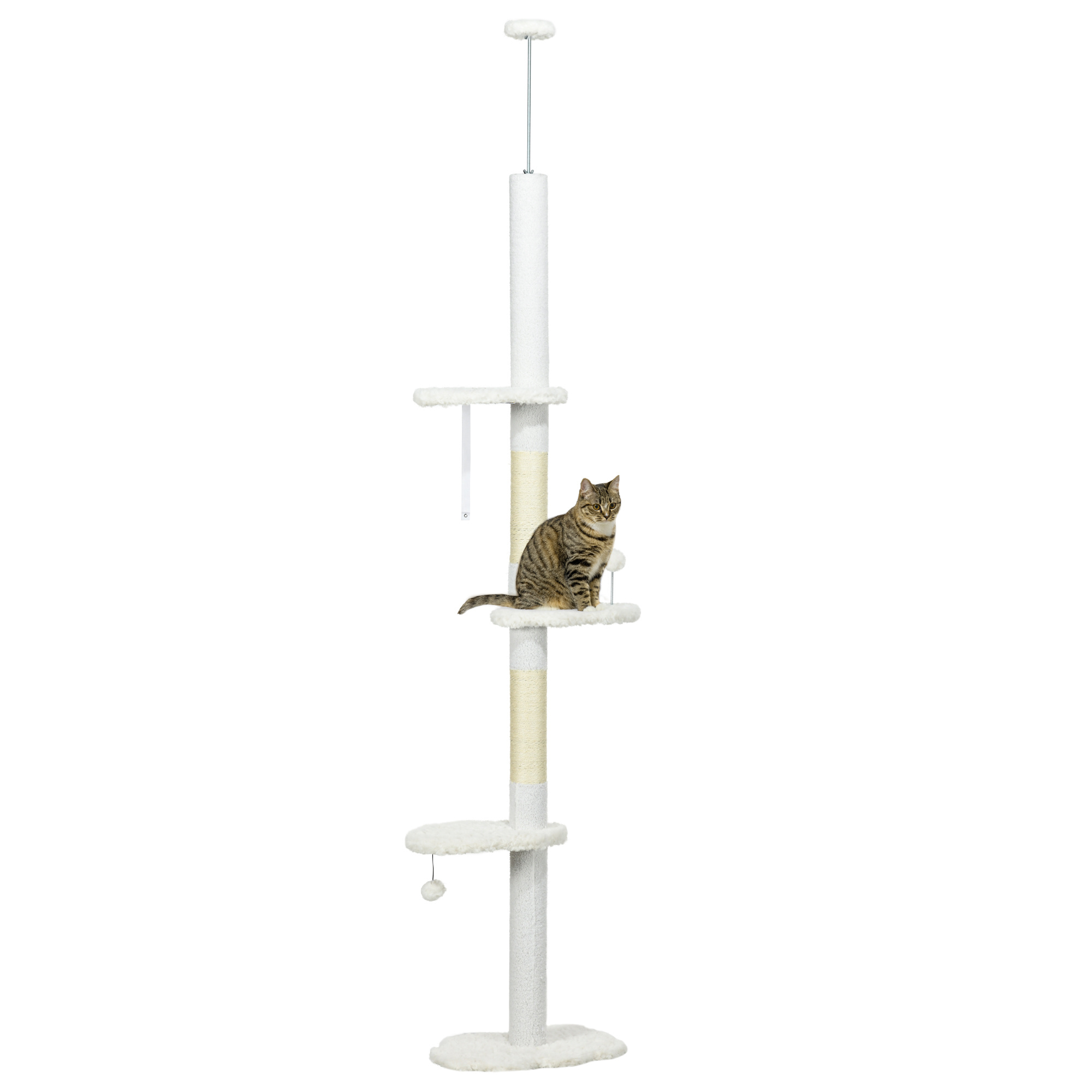 TEMU PawHut Arbre à chat 225-255 cm réglable en hauteur Tour pour chat avec 3 griffoirs de nuage et 2 balles 48x32x225-255 cm blanc