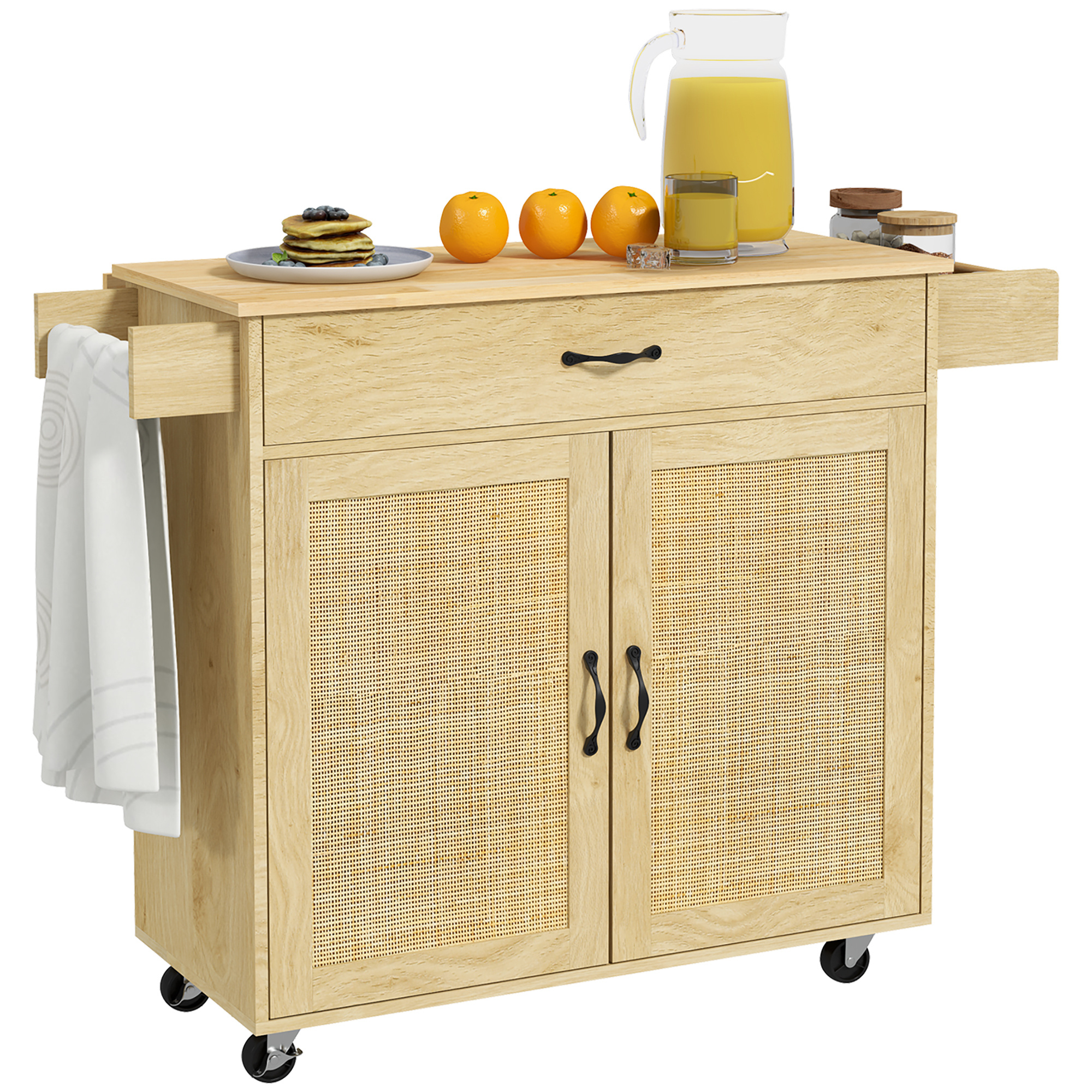 da cucina con piano pieghevole,   da cucina stile boho con  , armadietto e portaspezie in legno e rattan dettagli 2