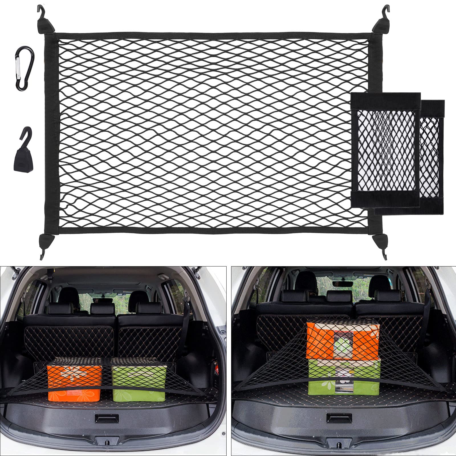 

Car Trunk Net, Luggage Net Extends To 140x100cm, Storage Net For Trunk Car Roof + 2 Organizer Net Pockets + 4 Steel + 4 Abs Hooks, Holds