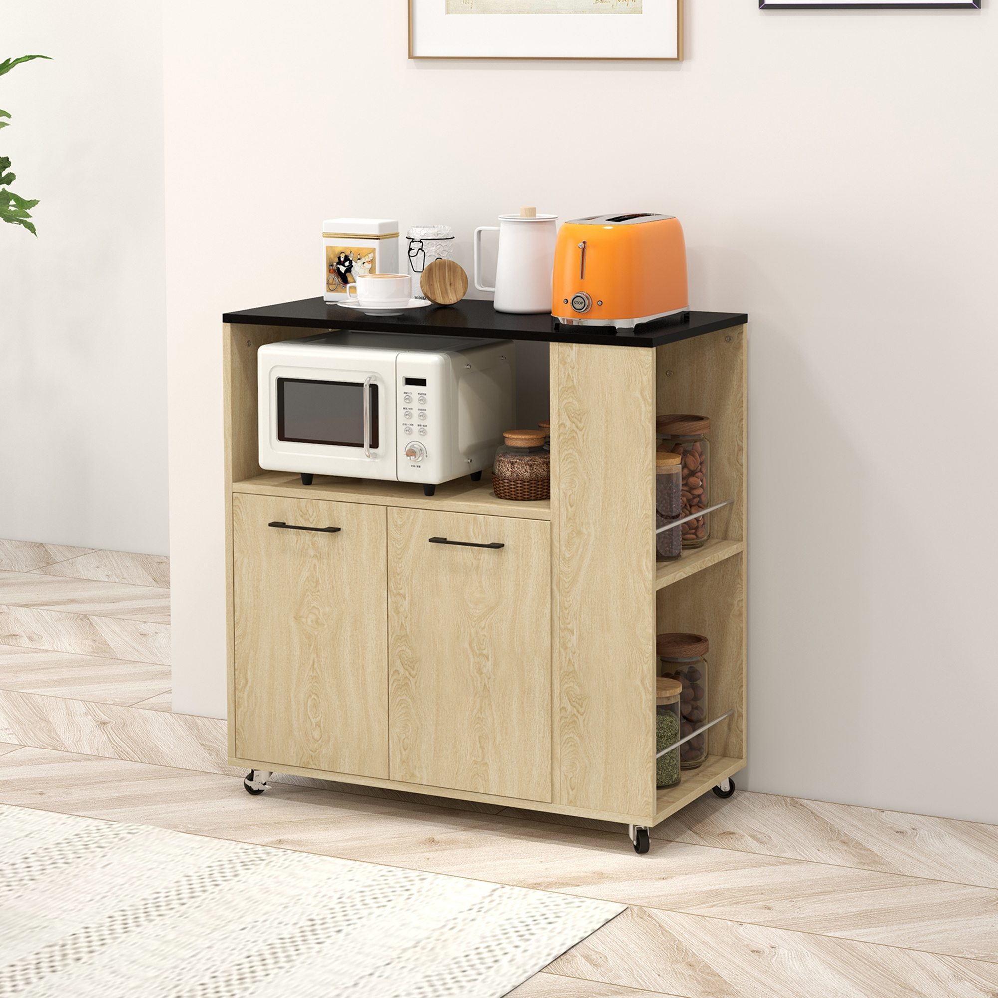 Homcom Kitchen Trolley In Chipboard With Open Shelf, 2-door Cabinet And 2-level Side Shelf, 75x40x80.5 Cm, Oak And Black Color
