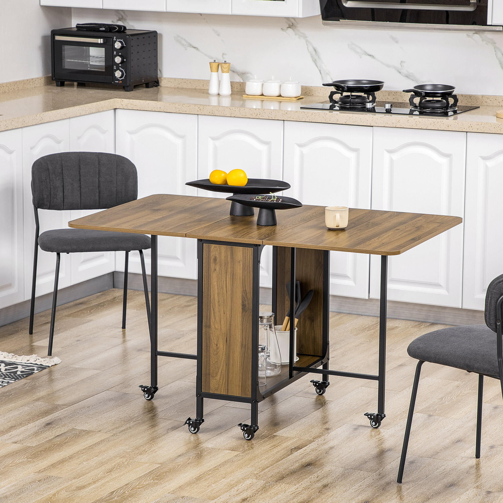 Image of Folding Dining Table Mobile Flip Table With Open Shelf Dining Table With Wood Look Kitchen Table For Small Rooms, Kitchen, Dining Room 130 X 80 X 74 Cm Brown