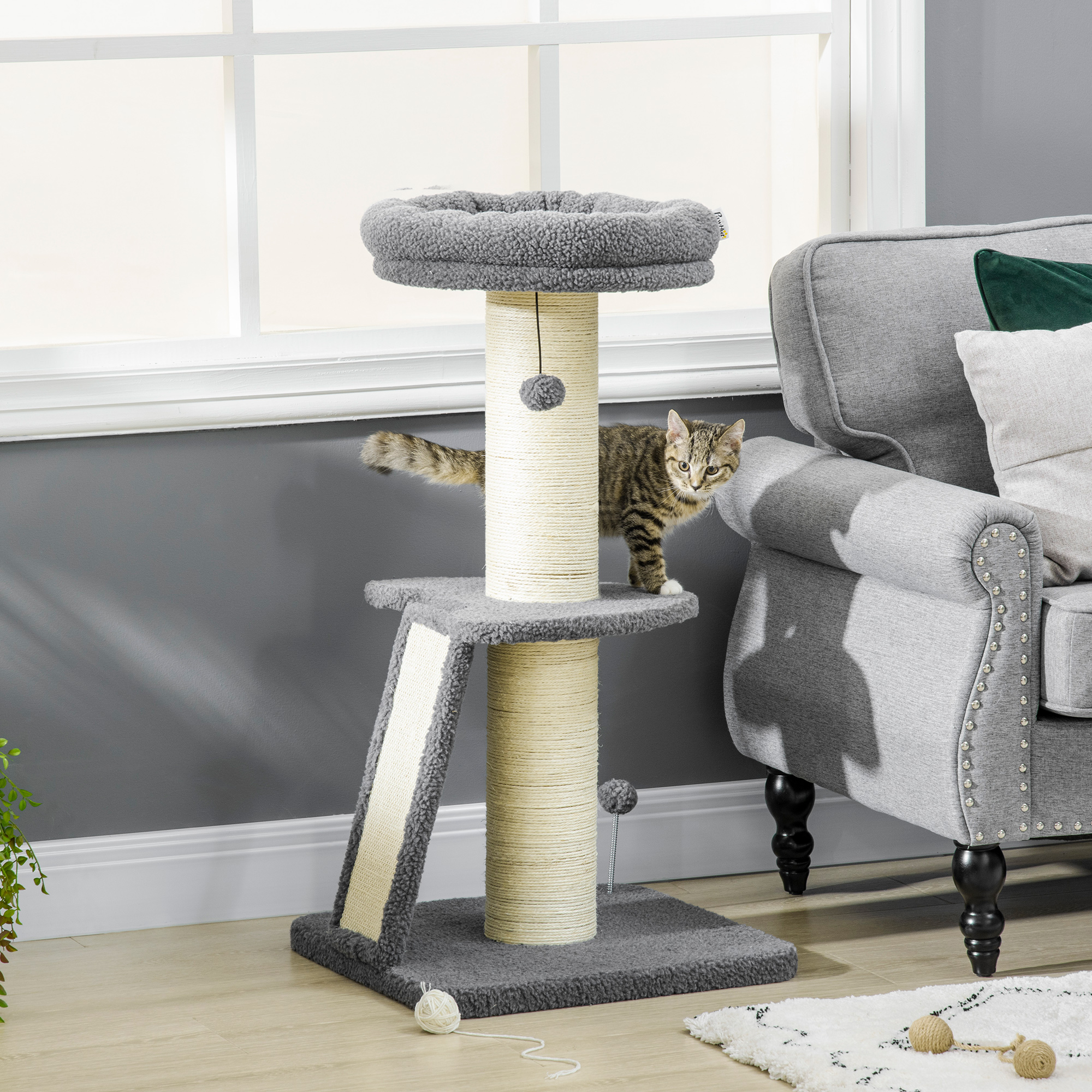 Scratching Tree 92 Cm Cat Tree With Scratching Board Play Ball, Cat Scratching Tree With Sisal Scratching Posts, Ramp, For Cats Up To 5 Kg, Dark Grey + Cream White