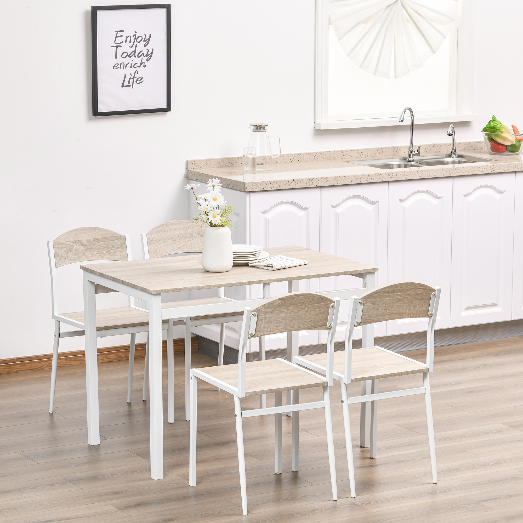 5-piece Dining Set, 100 Cm Rectangular Dining Table With 4 Chairs, Modern Kitchen Table Set For Small Spaces, Dining Room, Kitchen, Gray + White