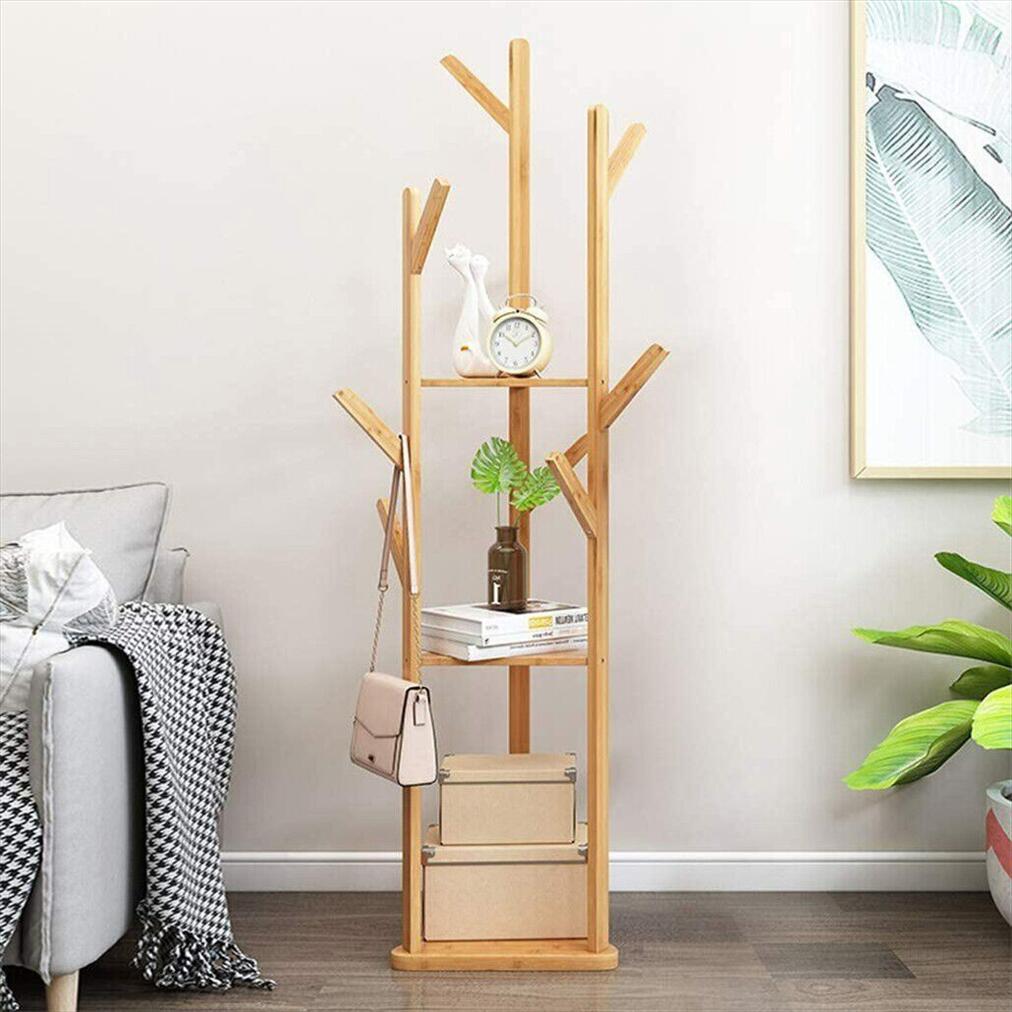 E-shop Bambus-Baum-Kleiderhaken, , selbstständiger Kleider- und Hutstand mit 3-stufiger Aufbewahrung für Schlafzimmer, Wohnzimmer oder Eingangsbereich