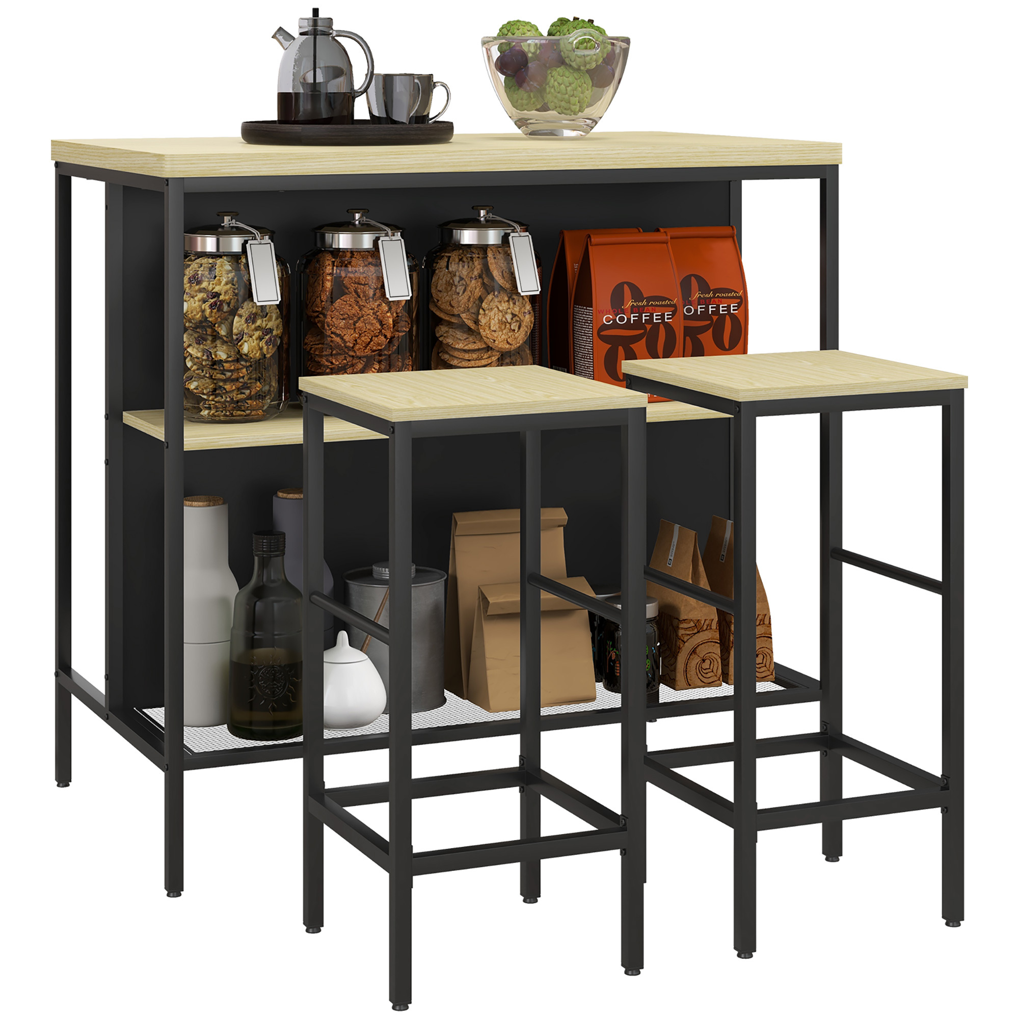 TEMU HOMCOM Ensemble table de bar et 2 tabourets style industriel avec étagère de rangement, -pieds, métal noir et bois