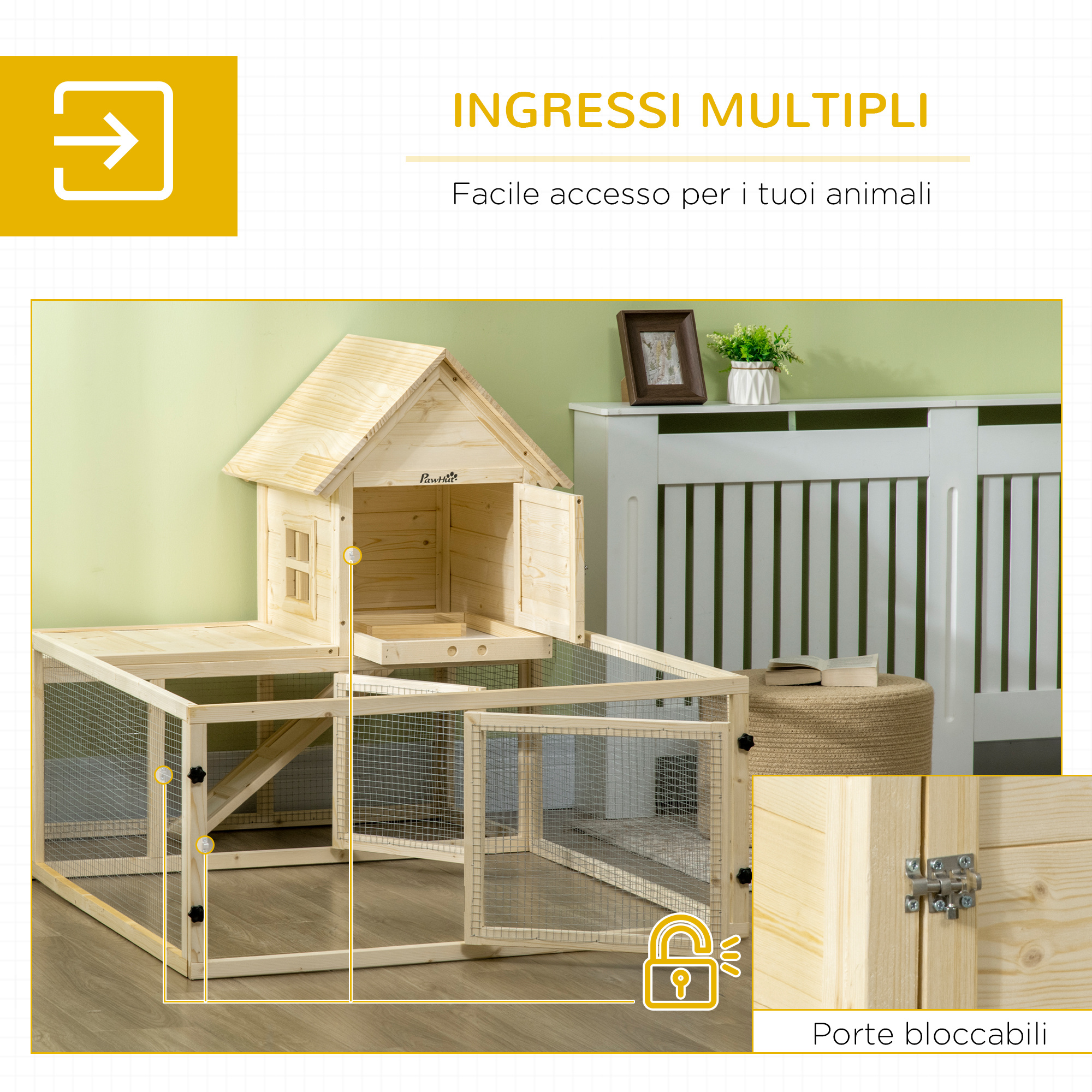 PawHut Indoor Rabbit Hutch with Spruce Wood, Removable Tray, 3 Doors, and Outdoor Area, 151.5x106x97 cm, Wood Color