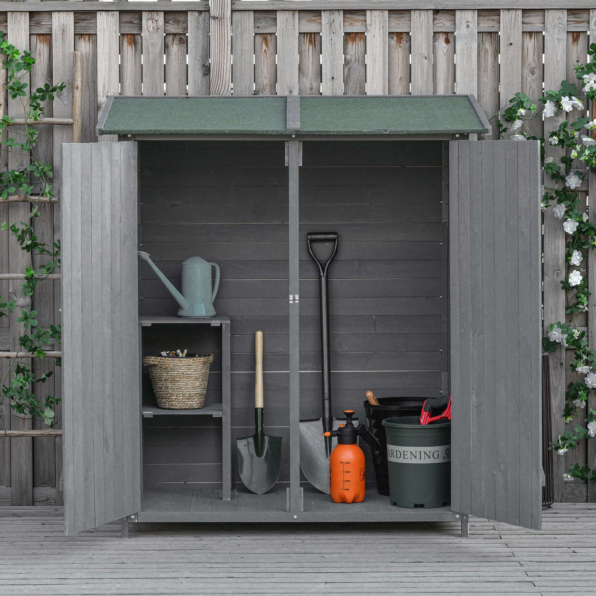 TEMU Outsunny Garden Wood Storage Shed W/ Flexible Table, Hooks And Ground Nails, Multifunction Lockable Sheds & Outdoor Asphalt Roof Tool Organizer,