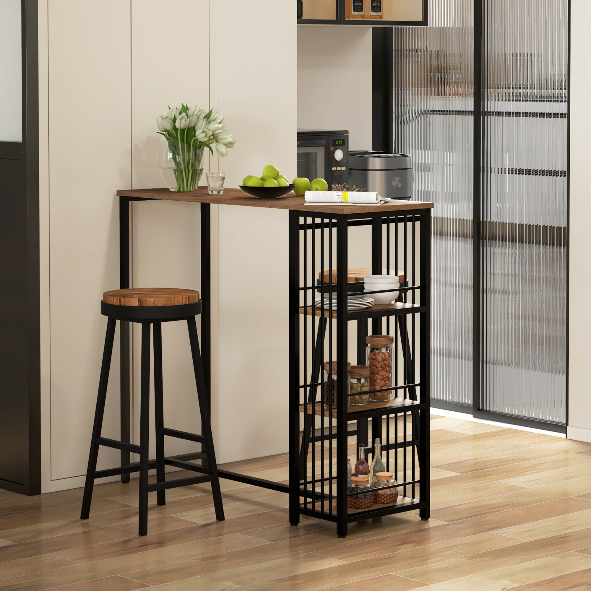Bar Table With 3 Shelves, Bar Counter, Kitchen Table With Wood Look, , For Dining Room, Kitchen, Brown, 120 X 40 X 105 Cm