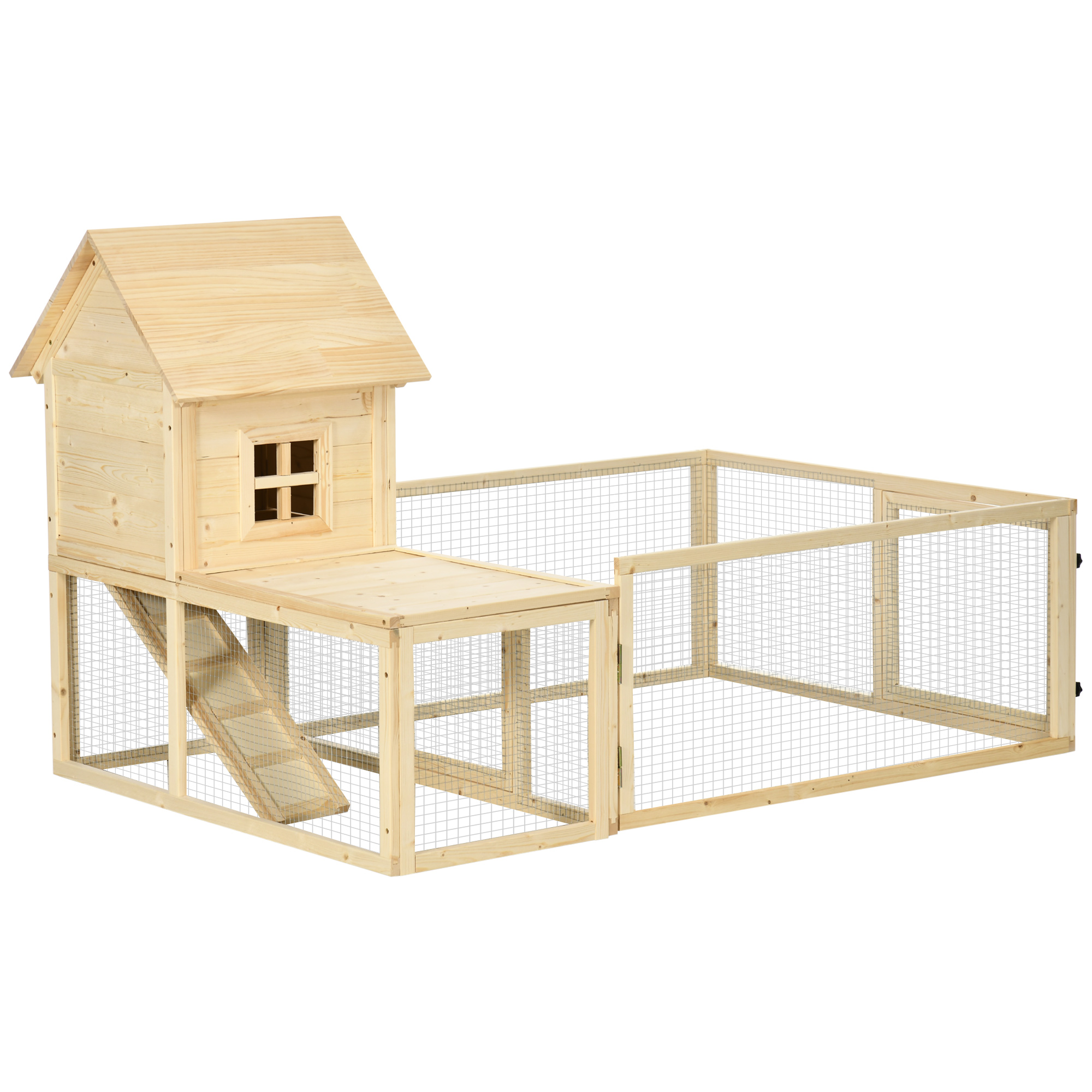 PawHut Indoor Rabbit Hutch with Spruce Wood, Removable Tray, 3 Doors, and Outdoor Area, 151.5x106x97 cm, Wood Color
