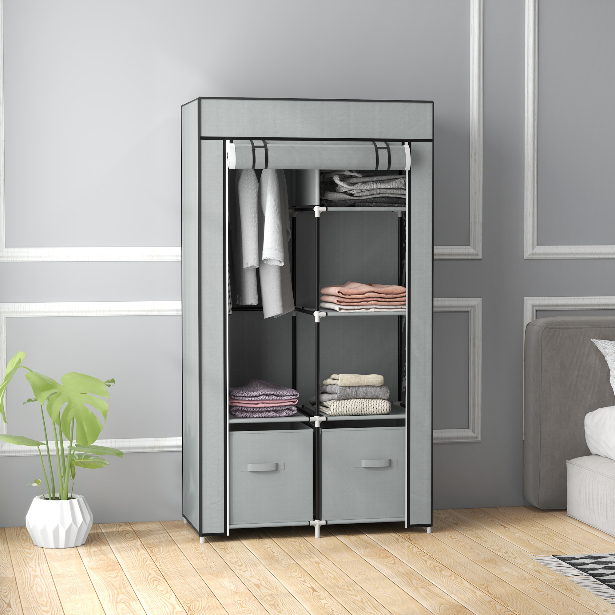 Image of Fabric Wardrobe With 5 Compartments, Clothes Rail, Zippered Wardrobe, Folding Wardrobe For Hallway, Entrance Area, Light Gray, 83 X 42.5 X 162.5 Cm