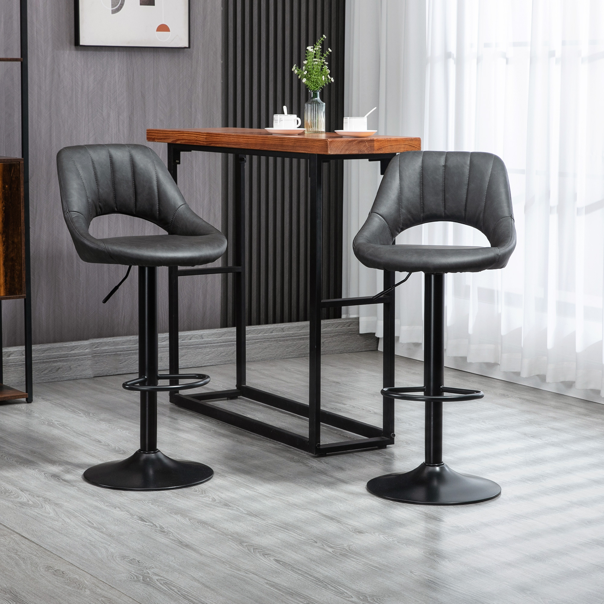 Bar Stool Set, 2 Stools, Kitchen Stool, Leather Look, Rotatable, Height Adjustable, With Footrest, , Metal Frame, 44 X 49 X 90-110 Cm, Gray