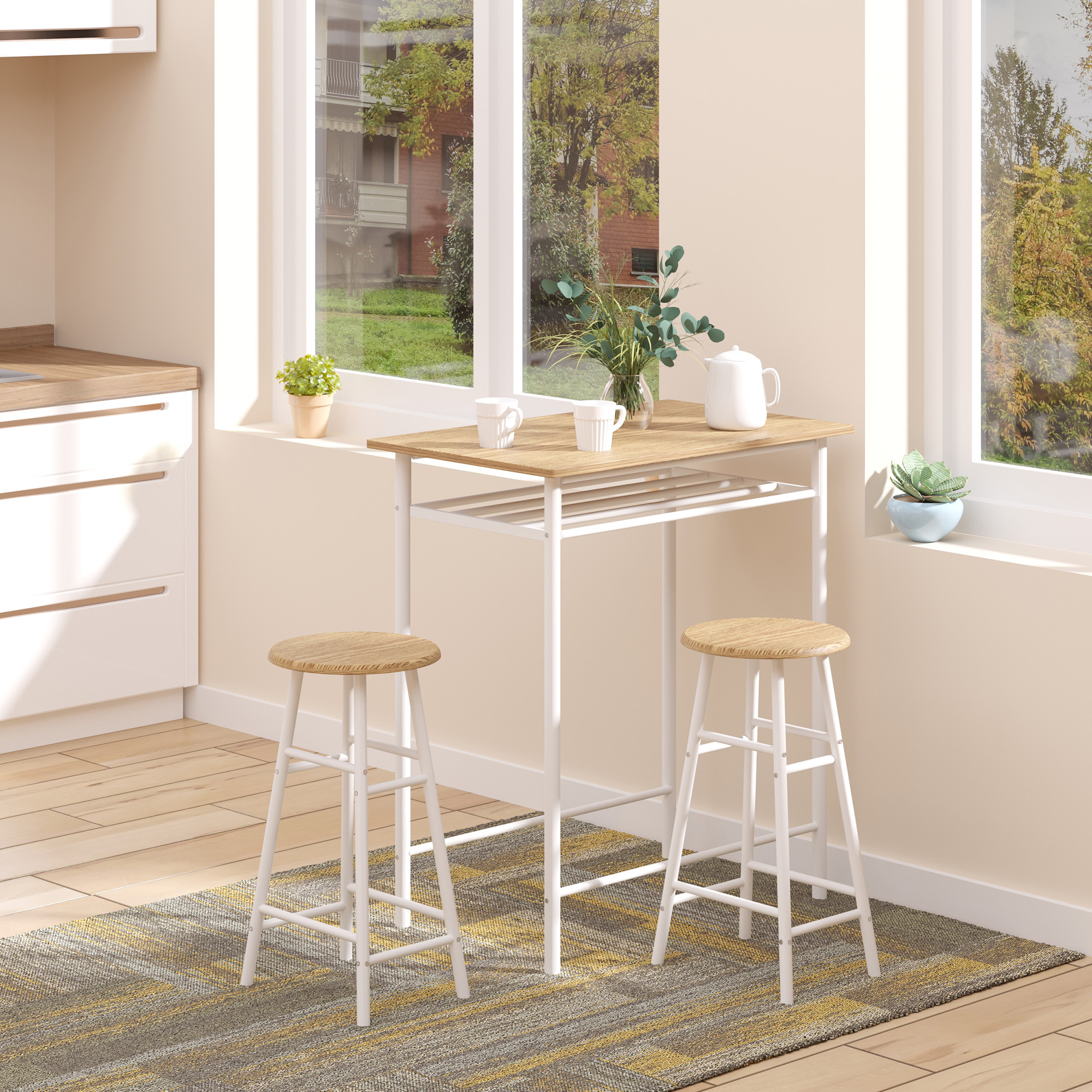 Bar Table Set With 2 Bar Stools, Kitchen Dining Table With Storage Shelf, White