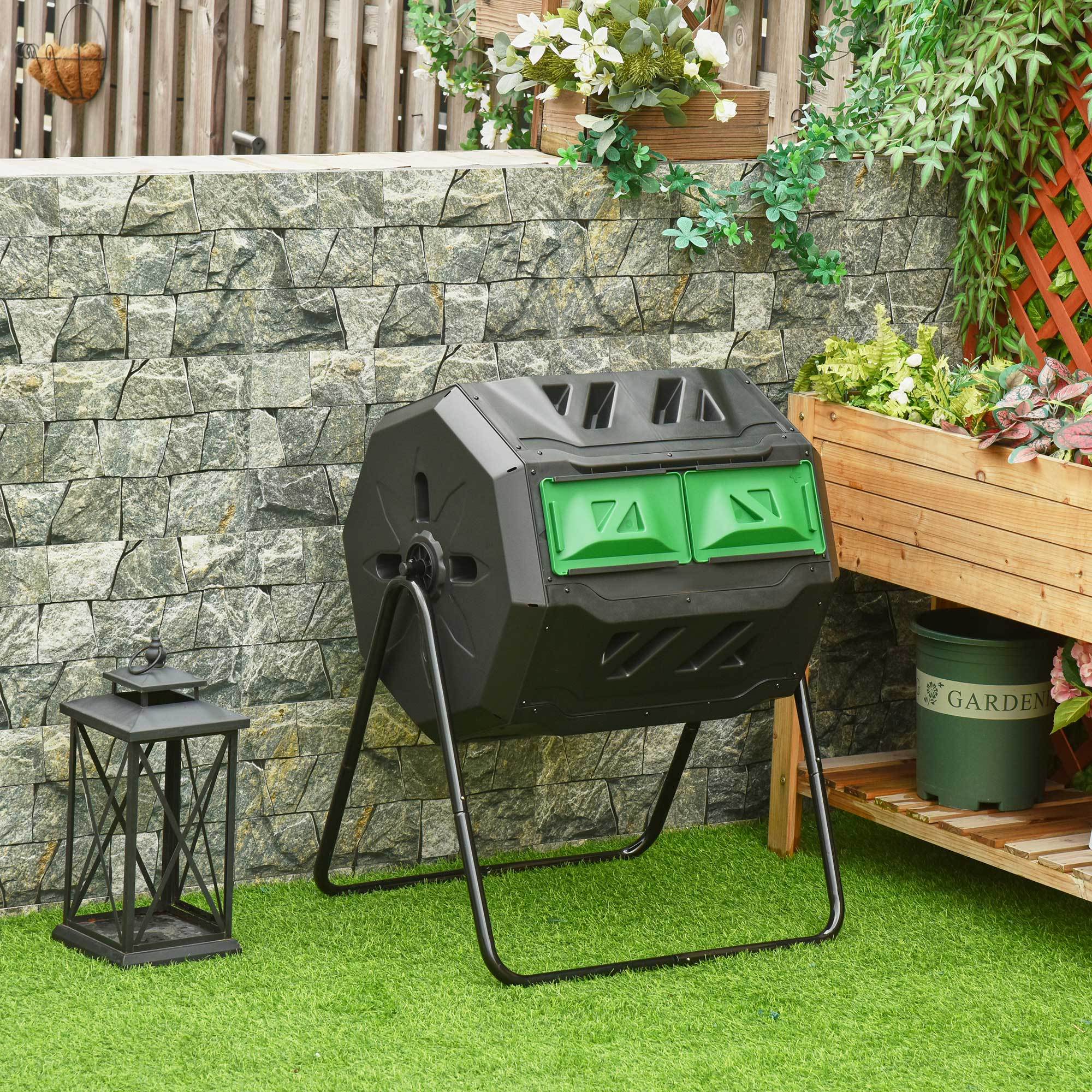TEMU 160l Tumbling Compost Bin Outdoor Dual Chamber 360 Rotating Composter, Garden Compost Bin W/ Sliding Doors & Solid
