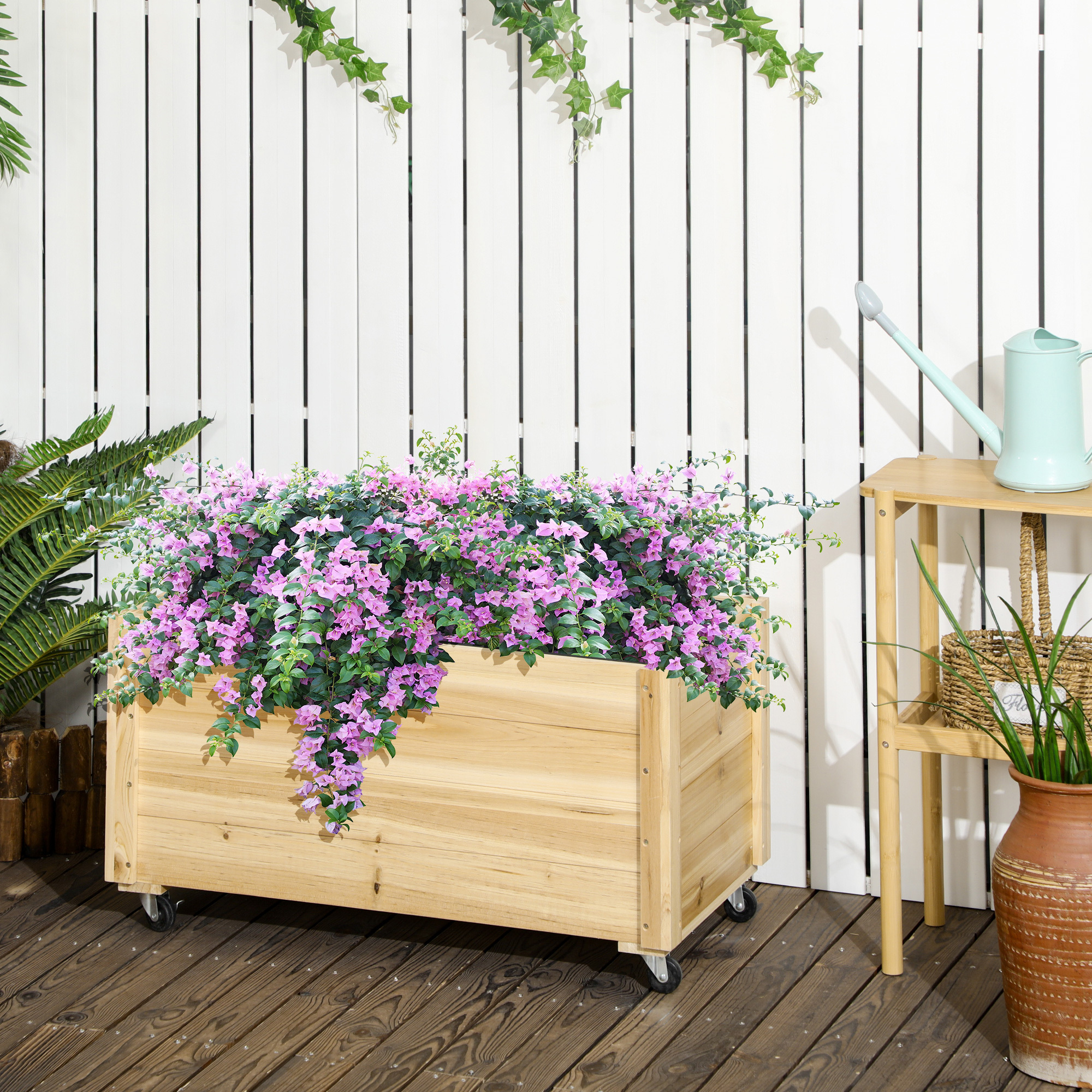 Image of Outdoor Sunny Planter With Drainage Hole And Non-woven Fabric Liner, Wooden Planter With Wheels, 89x48x47 Cm