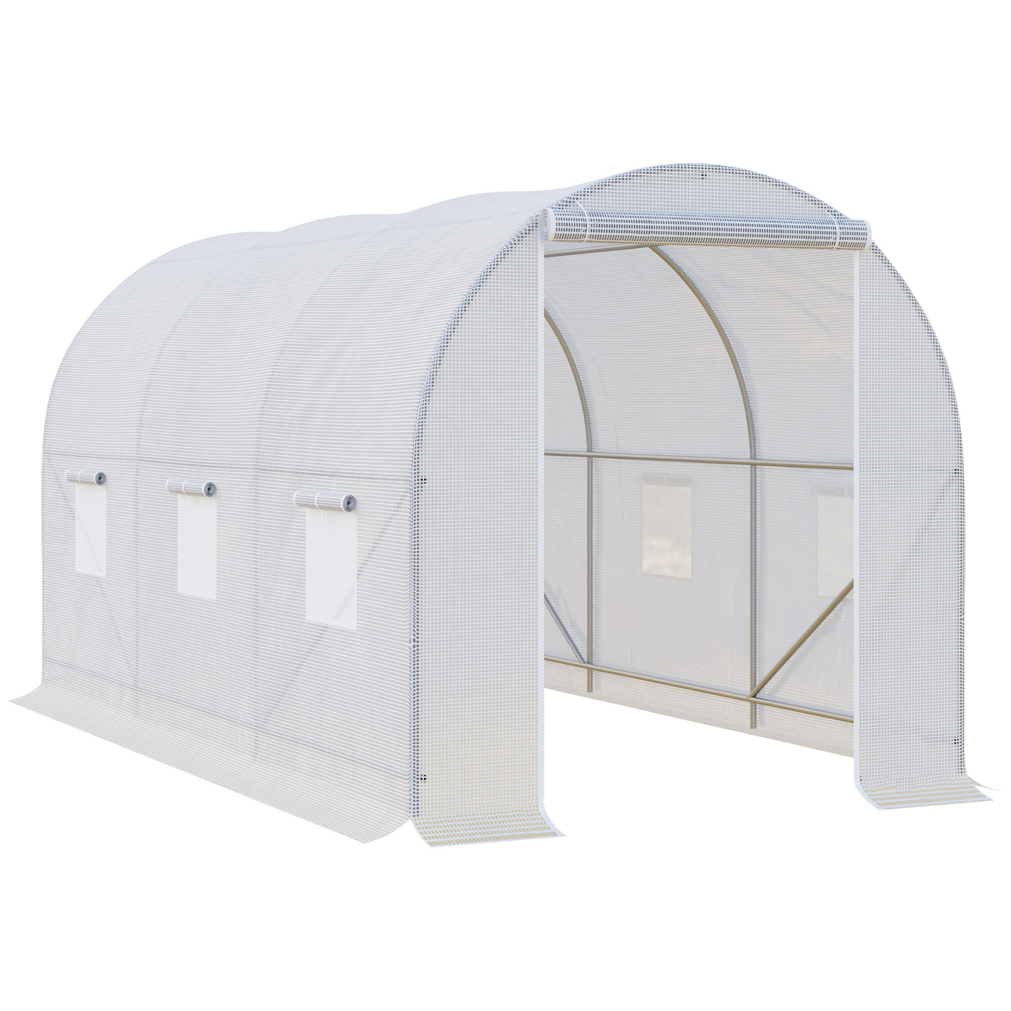 E-shop Outsunny Gartentunnel Gewächshaus Oberfläche Erde 7 m² 3,5L x 2l x 2H m verstärkter Rohrrahmen 18 mm 6 Fenster Weiß