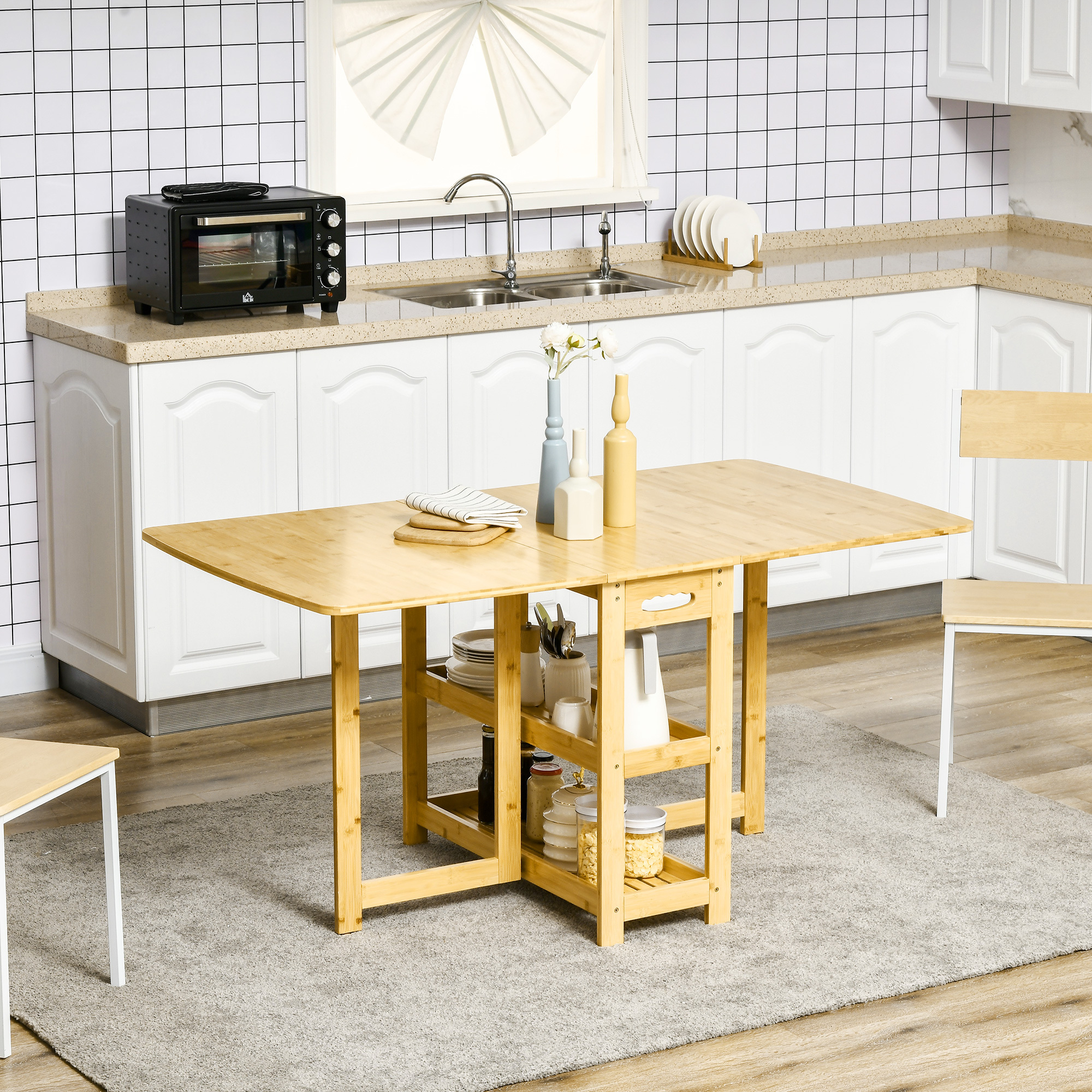 Image of Folding Dining Table For 6 People With Storage Kitchen Table Dining Table For Small Rooms, Kitchen, Dining Room 149.5 X 80 X 73.5 Cm Natural