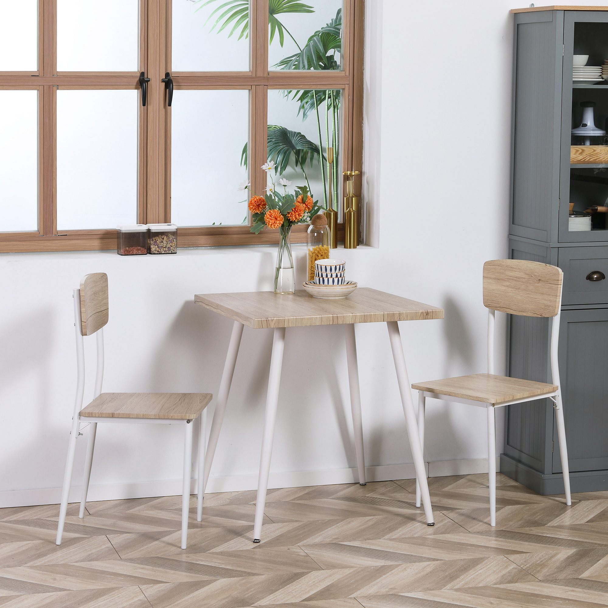 Image of 3-piece Dining Set With Metal Frame, Dining Table Set With Wood Grain Mdf, Metal, Nautr+white With + 2 Chairs, Simple Country House Style, Versatile For Home Or Restaurant Use, Construction