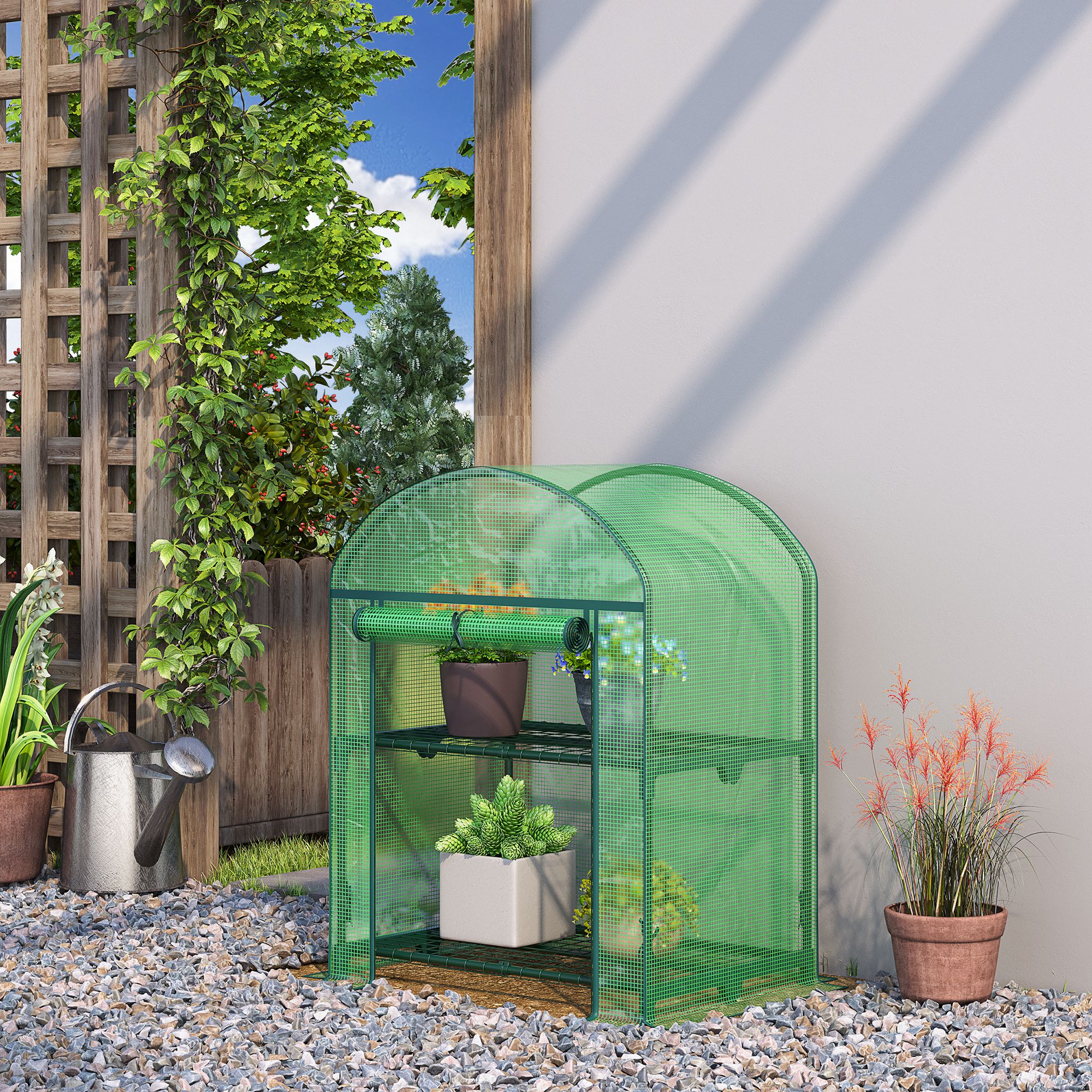 Image of Outsunny Mini Garden Greenhouse With 2 Metal Shelves And Pe Cover, Compact Balcony And Terrace Greenhouse 69x49x91cm, Green