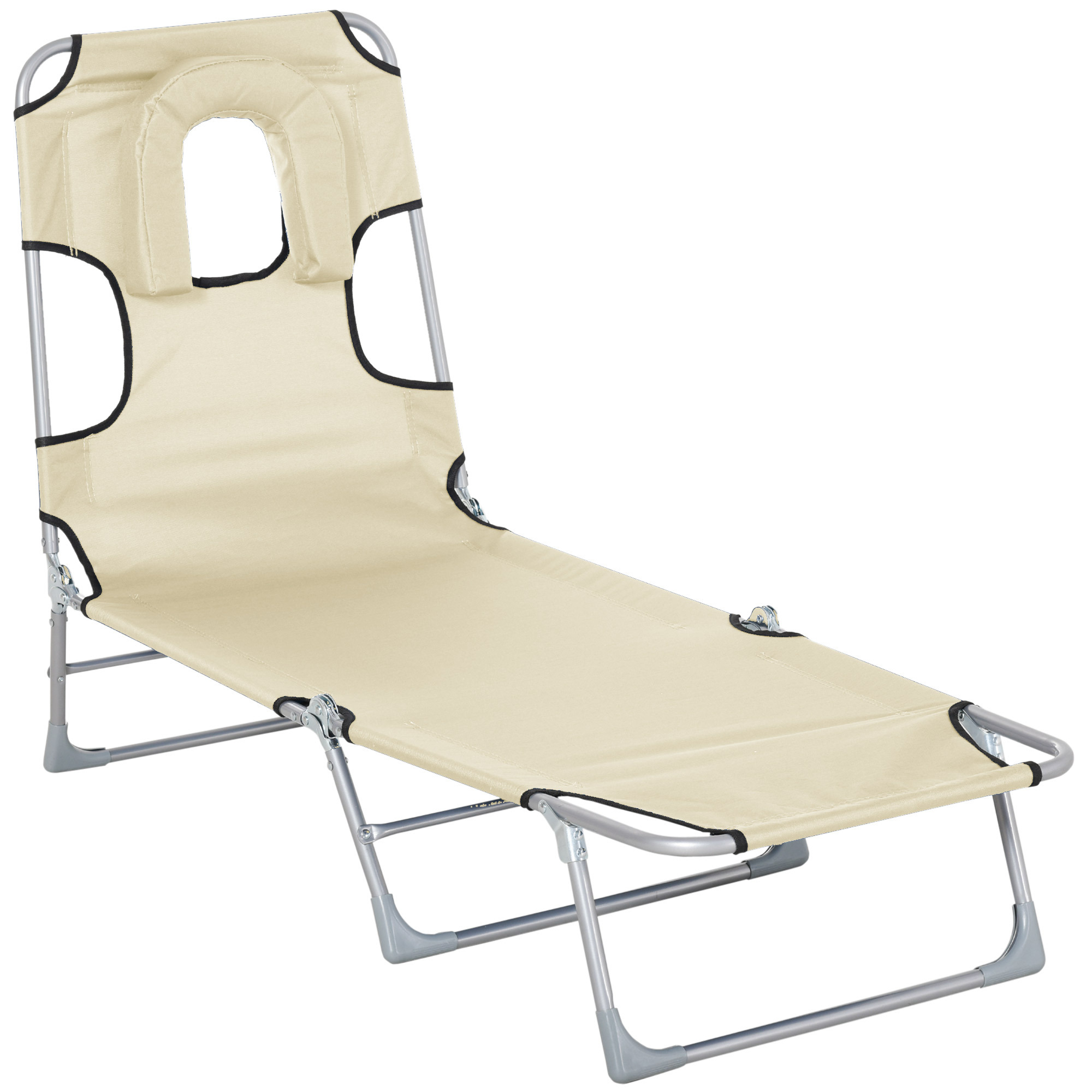 Outsunny Folding Reclining Garden Sun Lounger With Reading Hole, Adjustable Headrest And 5-level Back Support For Beach 182x56x28 Cm