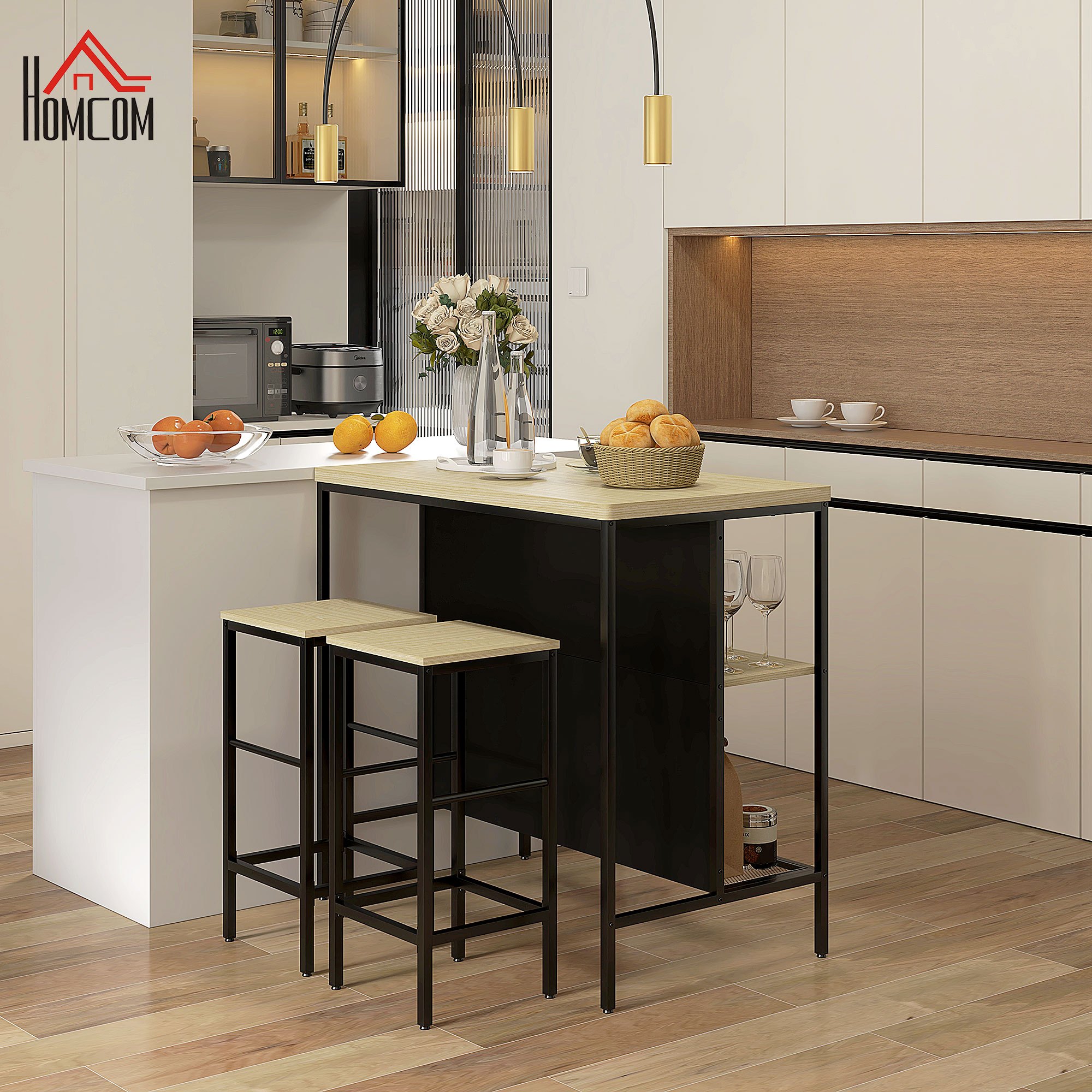 Bar Table With Bar Stool Set, 3-piece Bar Table Set Including Kitchen Table With 2 Bar Stools, 2 Shelves, Modern-style Dining Group, For Kitchen, Dining Room, Steel, Oak