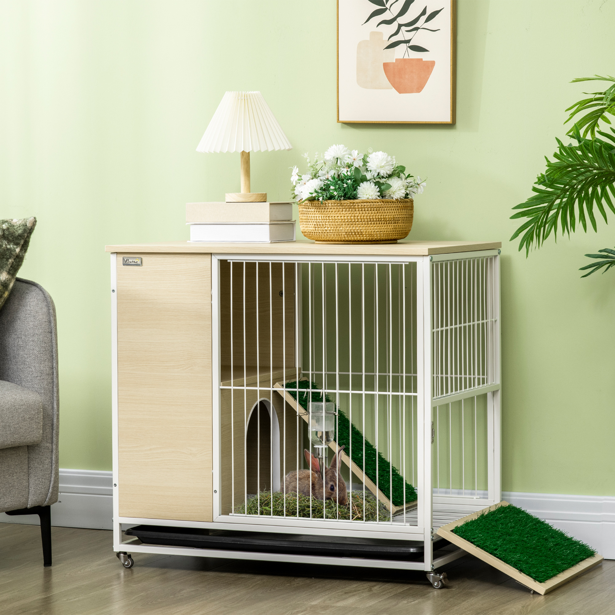 Pawhut Konijnenhok H op wielen met openklapbaar dak