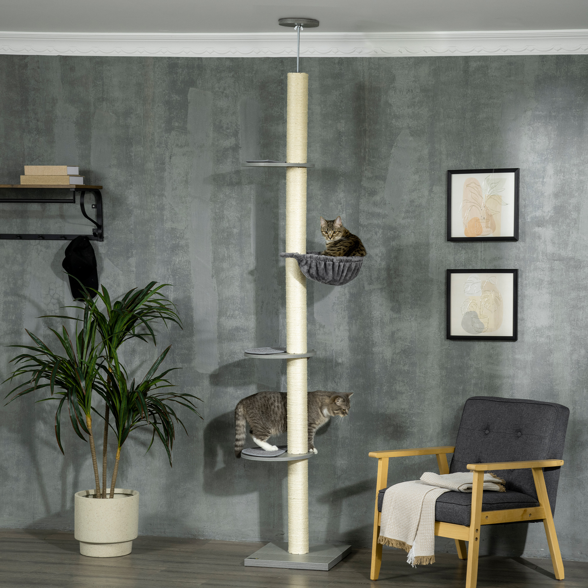 Scratching Tree, Cat Scratching Tree Ceiling High, 230-250 Cm, Climbing Tree With Hammock, Cat Tree Height Adjustable, Play Tree With Tilt Protection, Plush, Grey+creme White