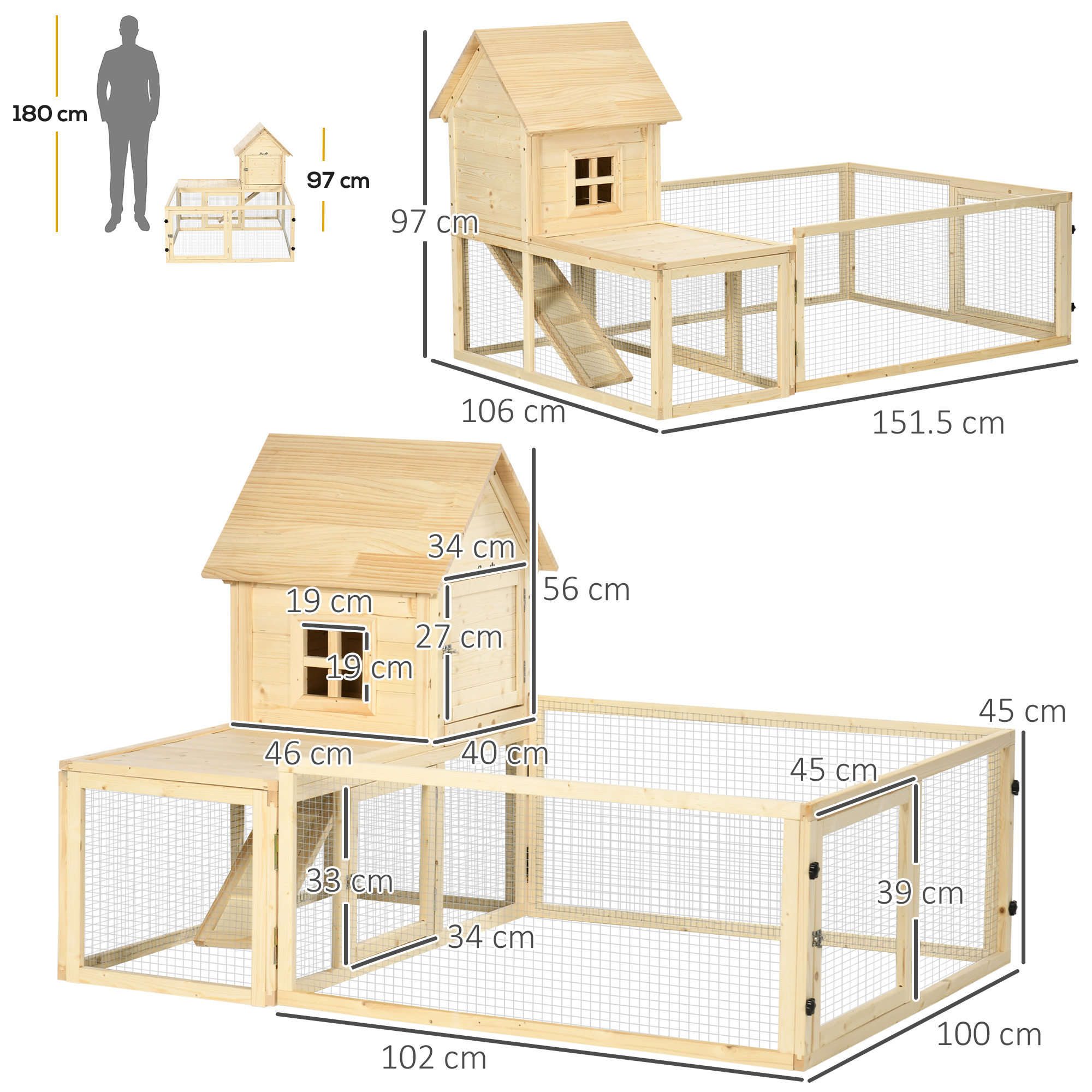 PawHut Indoor Rabbit Hutch with Spruce Wood, Removable Tray, 3 Doors, and Outdoor Area, 151.5x106x97 cm, Wood Color