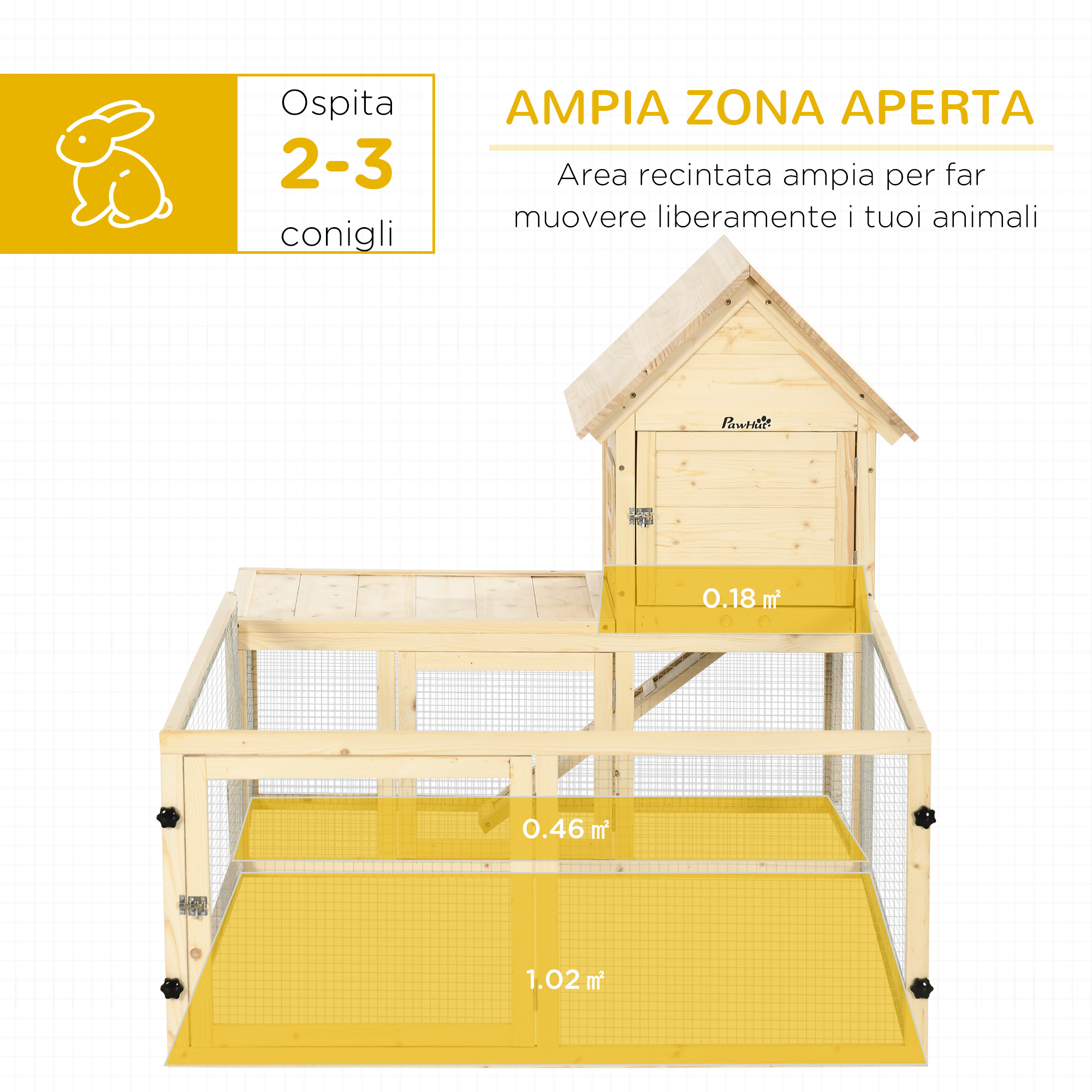 PawHut Indoor Rabbit Hutch with Spruce Wood, Removable Tray, 3 Doors, and Outdoor Area, 151.5x106x97 cm, Wood Color