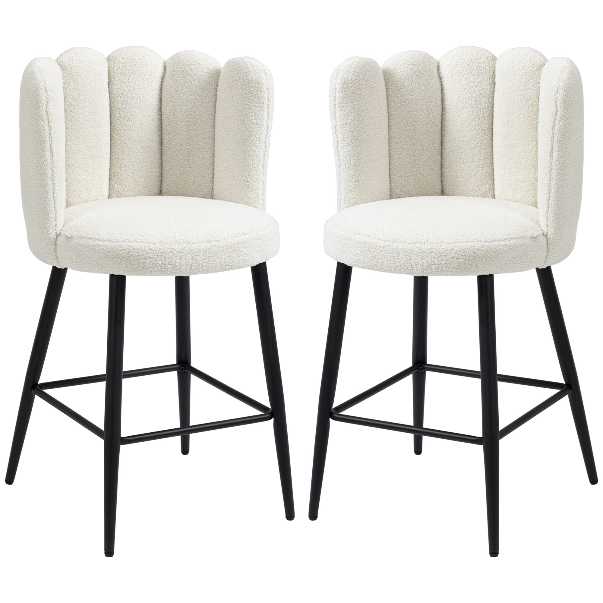 Image of Homcom Bar Stools, Set Of 2, High Chairs, Fleece Fabric, , 65 Cm Height, With Backrest And Footrest, Easy Assembly, High Kitchen Stool, Cream Black
