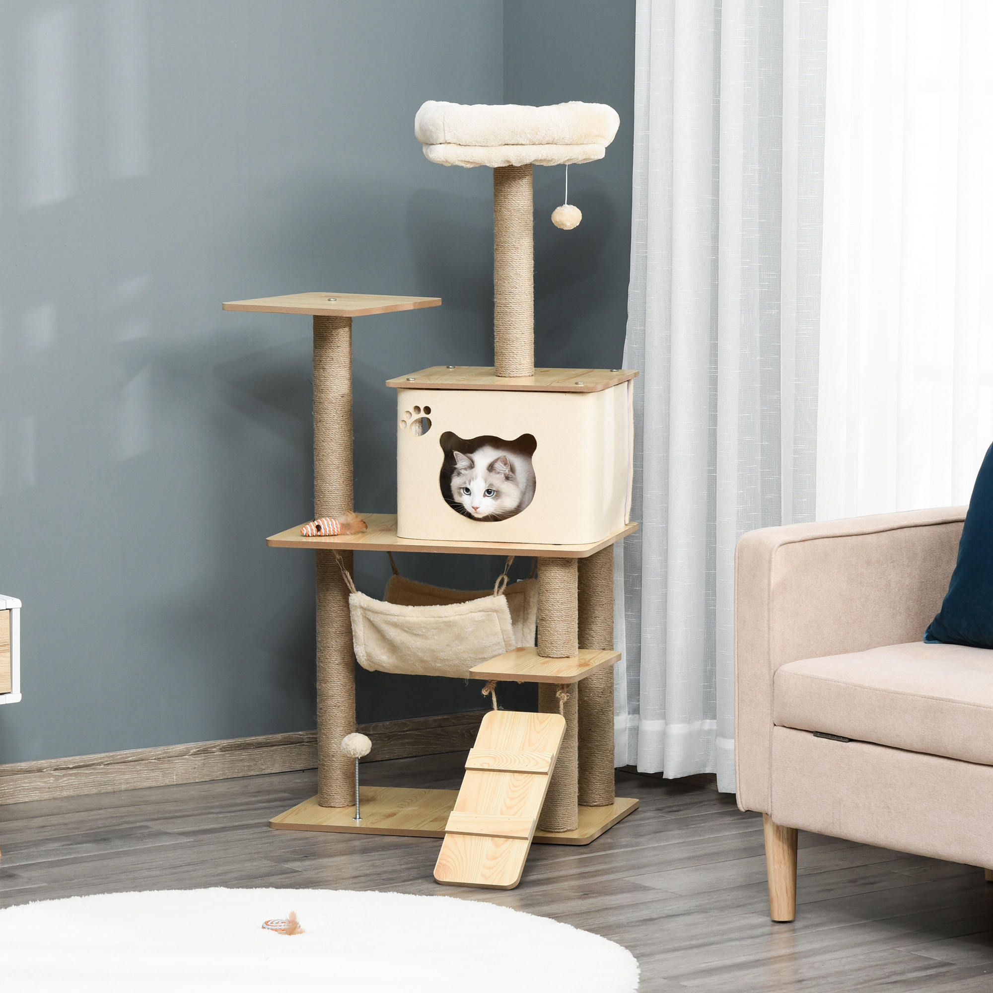 Image of Cat Scratching Tree, Wooden Climbing Tree With Cat Cave, Jute Stems, Large Platform, Play Balls, 130 Cm Height, Stable Plush, Yellow, 60 X 40 X 130 Cm