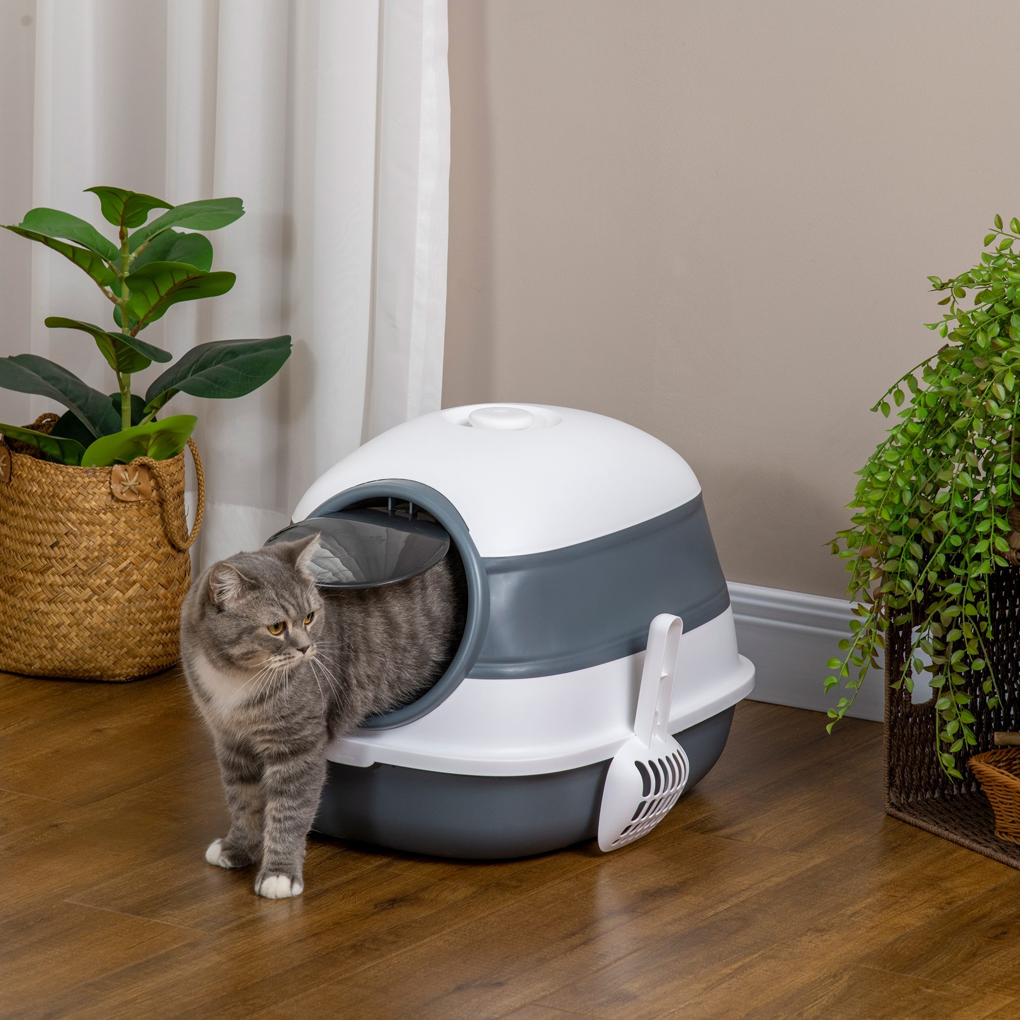 Image of Foldable Cat Litter Box With Lid, Hood, Scoop, Deodorant, And Floor Tray - 52 X 41 X 38 Cm - White + Gray