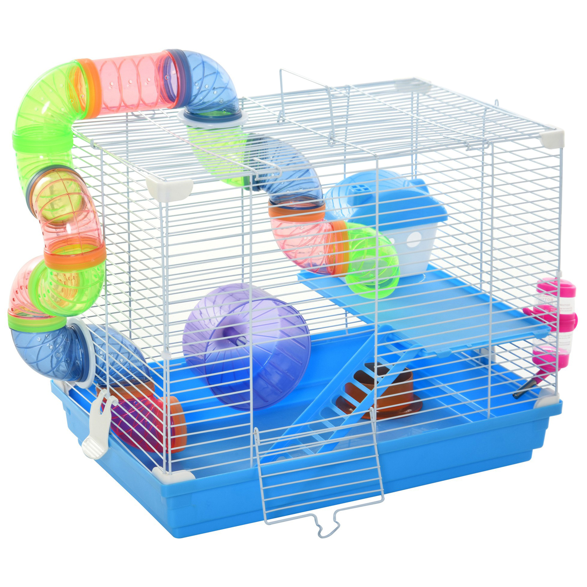 TEMU 2 Tier Hamster Cage Carrier Habitat Small Animal House With Exercise Wheels Tunnel Tube Water Bottle Dishes House Ladder For Dwarf Mice, Blue