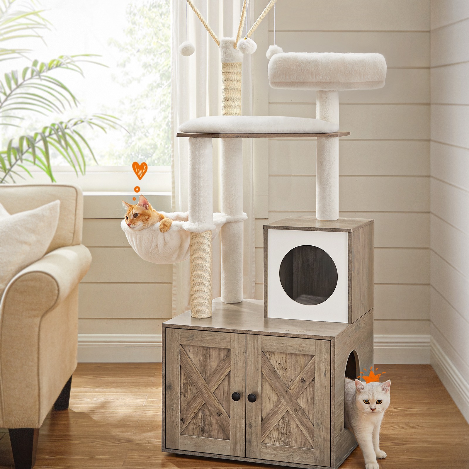 

Feandrea Arbre à Chat avec Maison de Toilettes, Griffoir Moderne 2-en-1, Cache-litière, pour Chat avec Griffoirs, Bâtons avec Pompons Amovibles