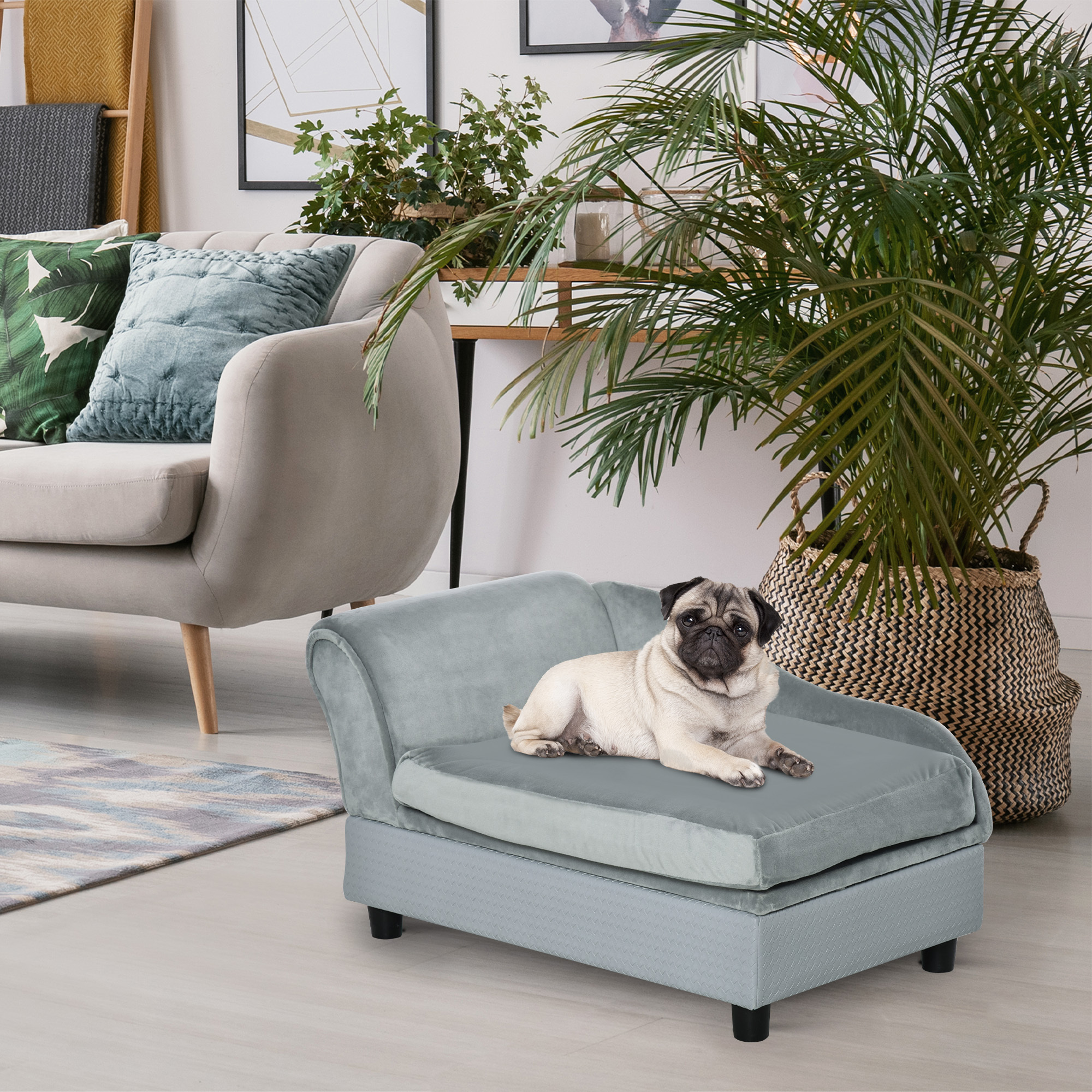 Dog Sofa Dog Bed Dog Couch Made Of Plush With Storage Space, Backrest, Pillow Cat Sofa For Small Dogs 76 X 45 Gray