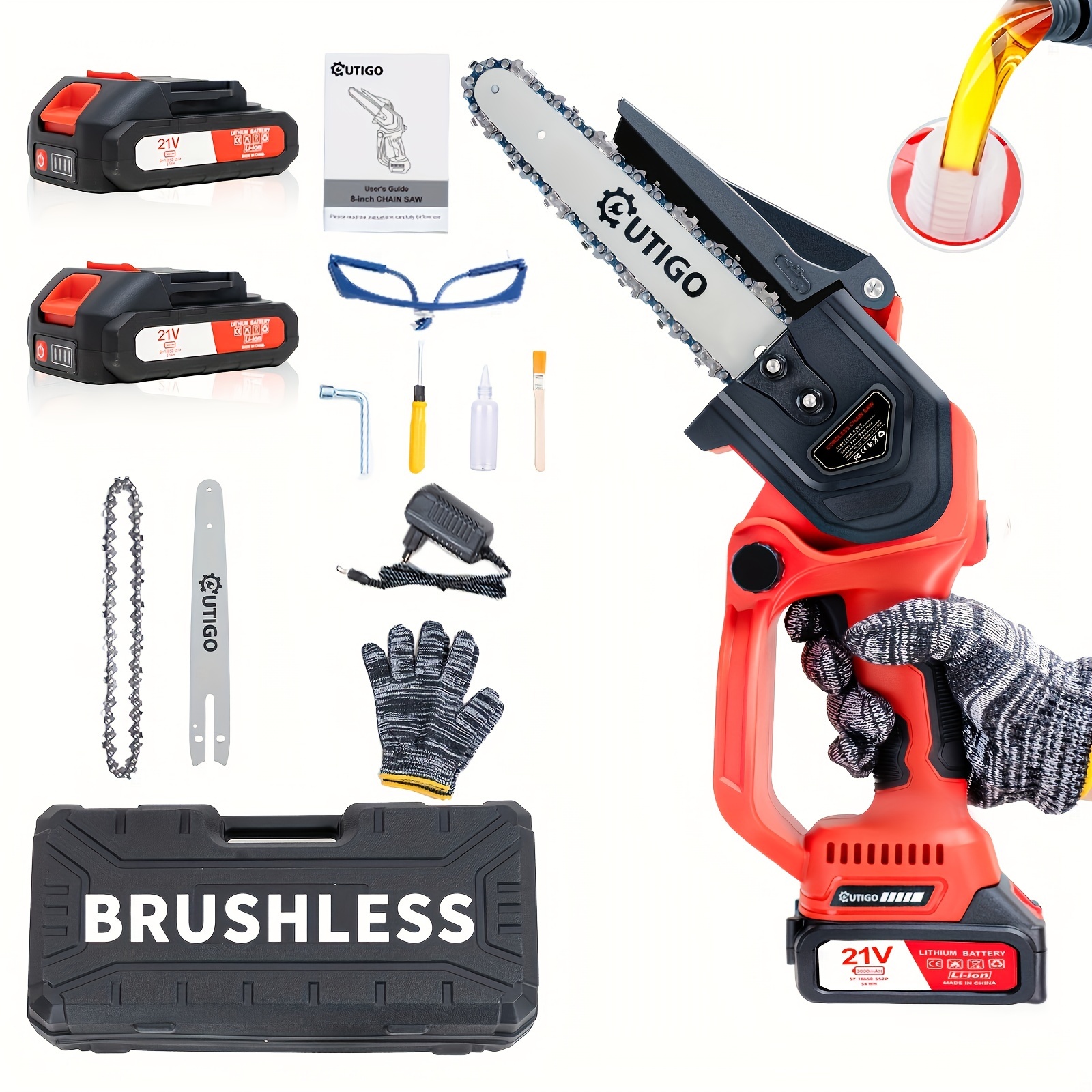 

Outigo-8 Brushless Motor Chain Saw, Small Home Handheld Saw With 2 Batteries, Total 6000 Mah, Free 3 Chains, 1 Guide For Sawing Outdoor Trees