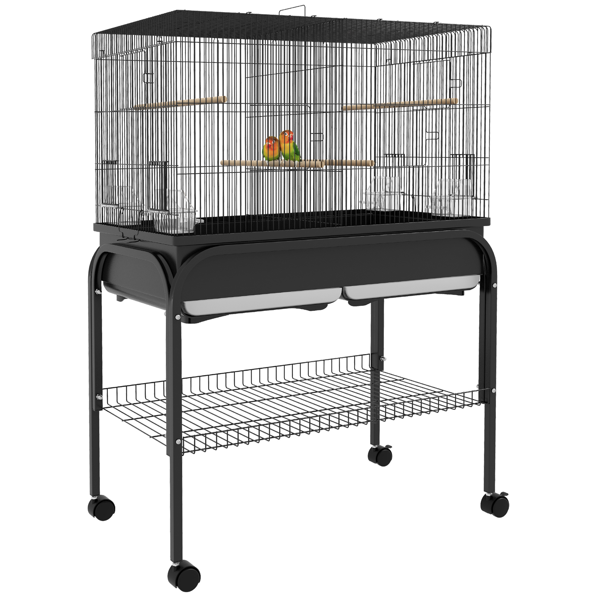 Image of Large Pawhut Bird Cage, Parrot Cage, Indoor Outdoor Bird Aviary, With Stand, Casters For , Parakeets, , Parrots, Steel, 85 X 49 X 119 Cm, Black