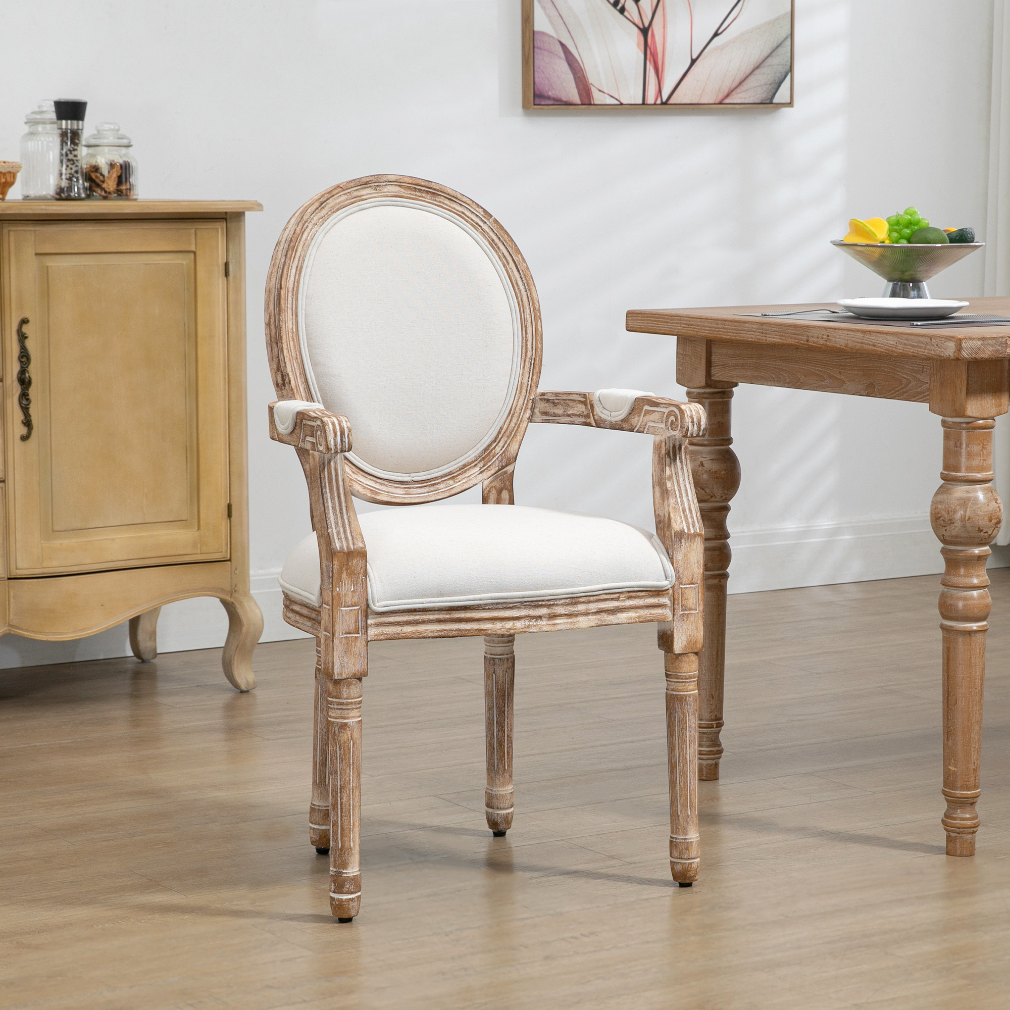Dining Room Chair Retro Design Kitchen Chair With Thick Upholstery Linen Look Armrests Backrest Living Room Chair Upholstered Chair For Dining Table Rubber Wood Cream White +