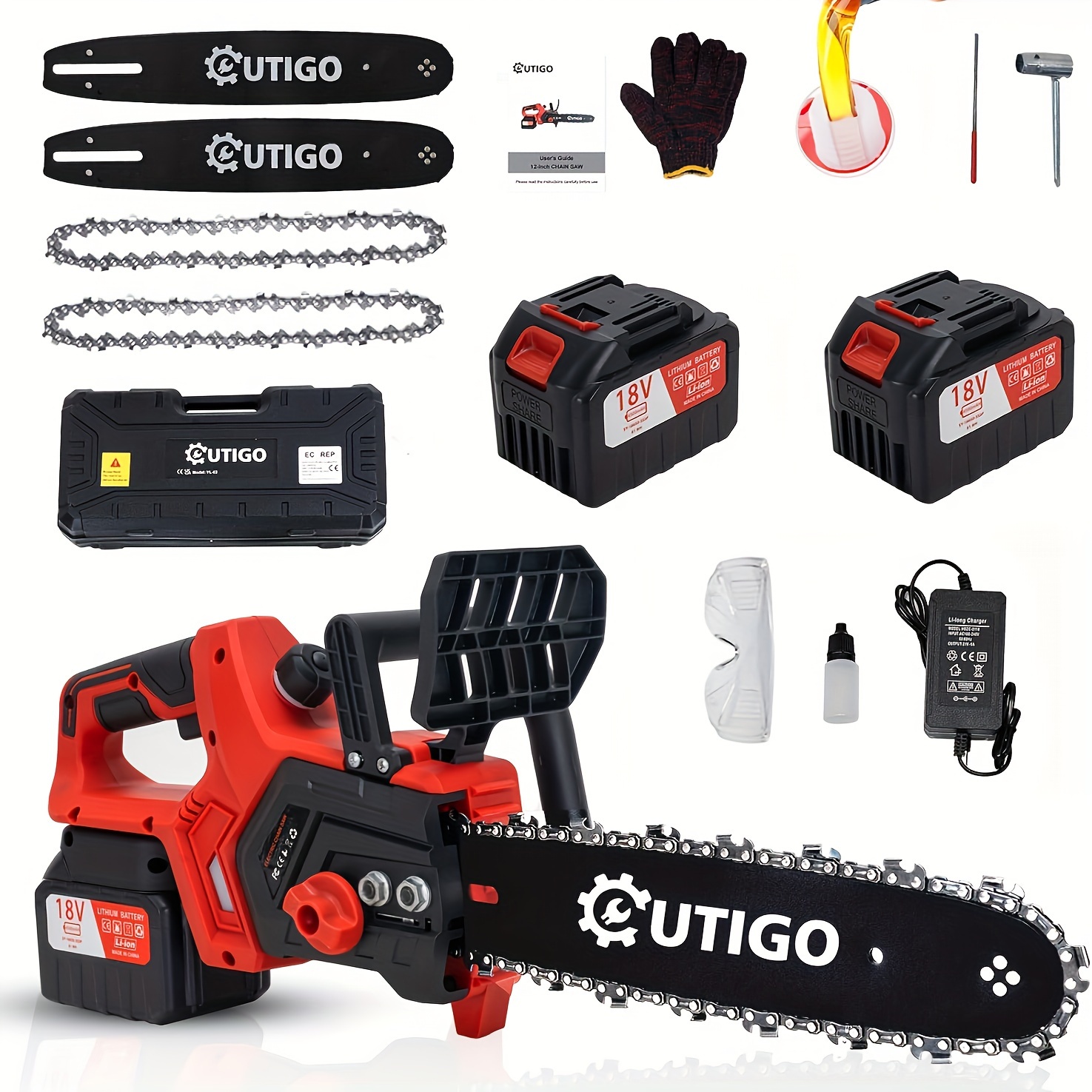 

Outigo-12 Inch Chainsaw With Battery, Large Tree Cutting Chainsaw, 2 Batteries 4500 Mah, Chainsaw 9000 Mah Chainsaw, Cordless Electric Chainsaw